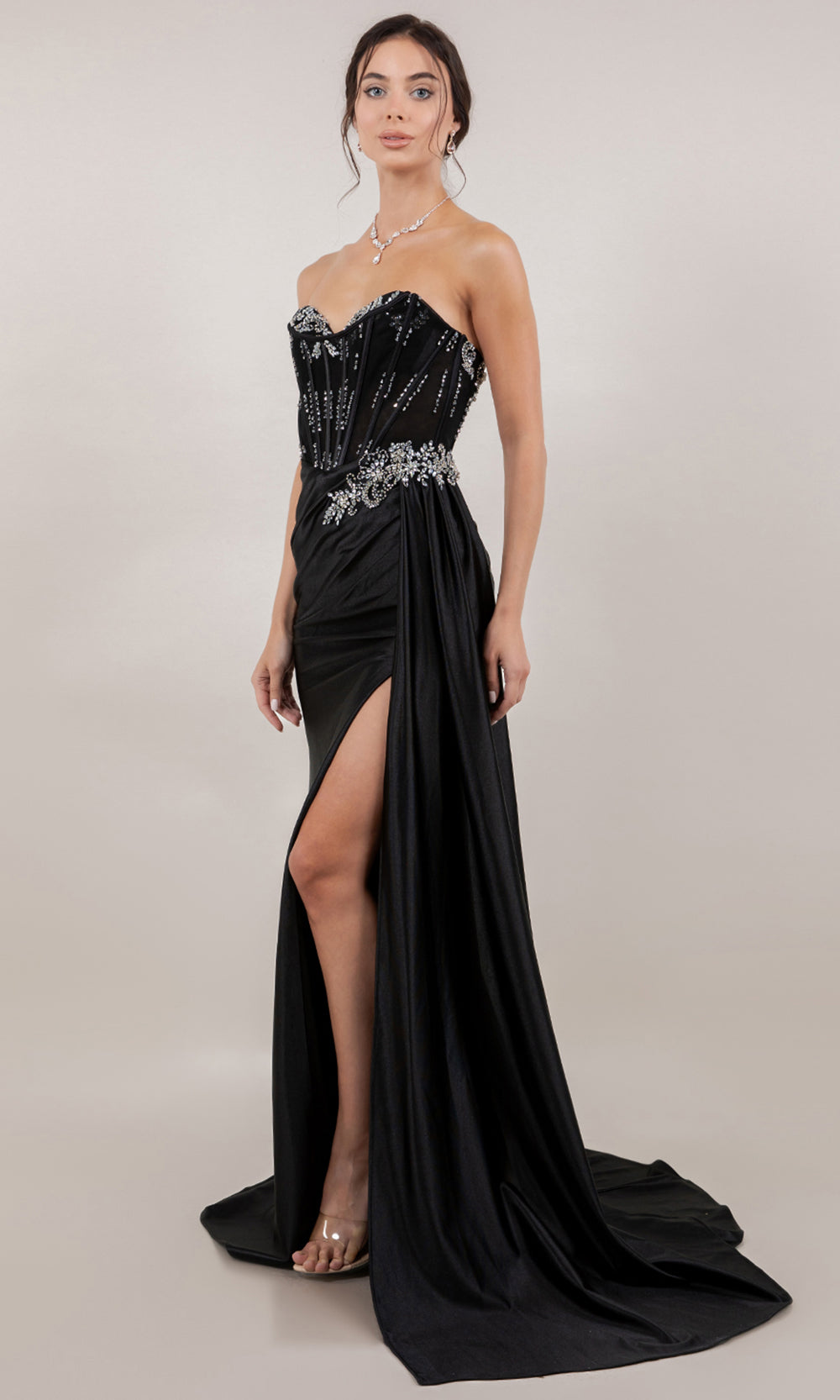 Cinderella Couture 8511J - Crystal Beaded Sheath Gown with Side Sash Prom Dresses in Black 