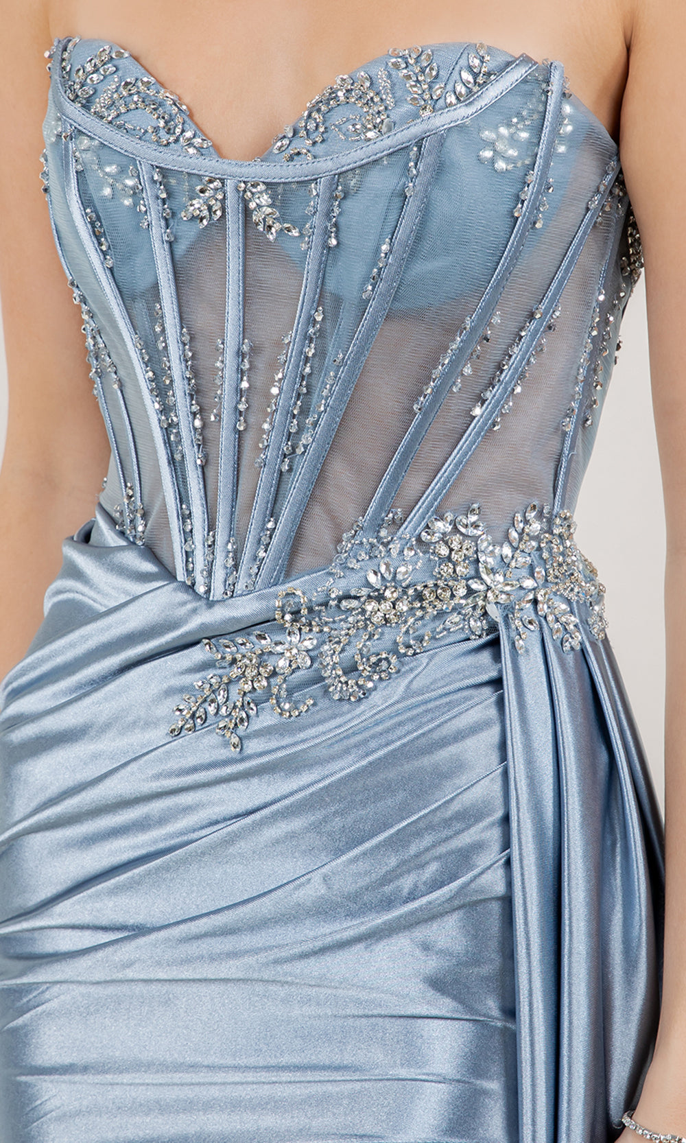 Cinderella Couture 8511J - Crystal Beaded Sheath Gown with Side Sash Prom Dresses in Dusty Blue