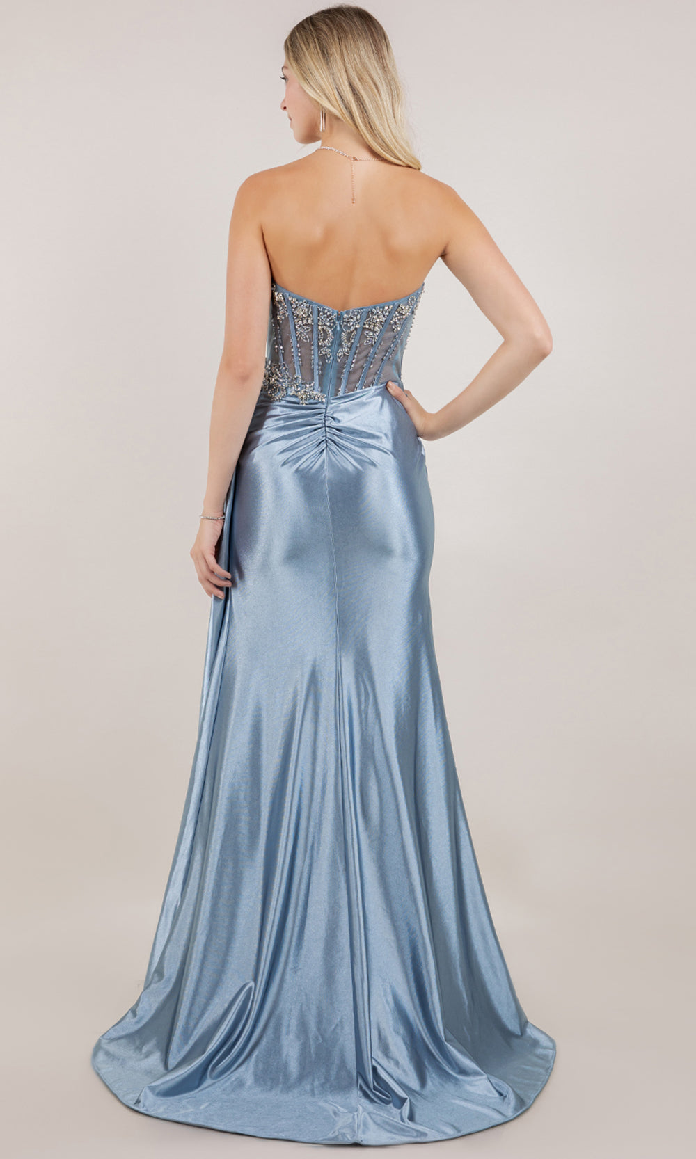 Cinderella Couture 8511J - Crystal Beaded Sheath Gown with Side Sash Prom Dresses in Dusty Blue