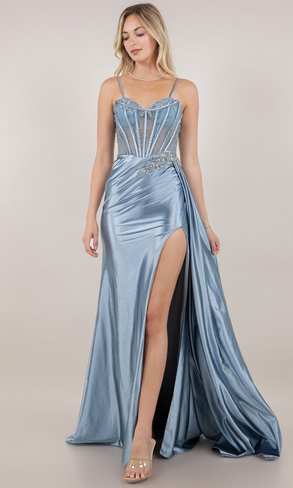Cinderella Couture 8511J - Crystal Beaded Sheath Gown with Side Sash Prom Dresses in Dusty Blue