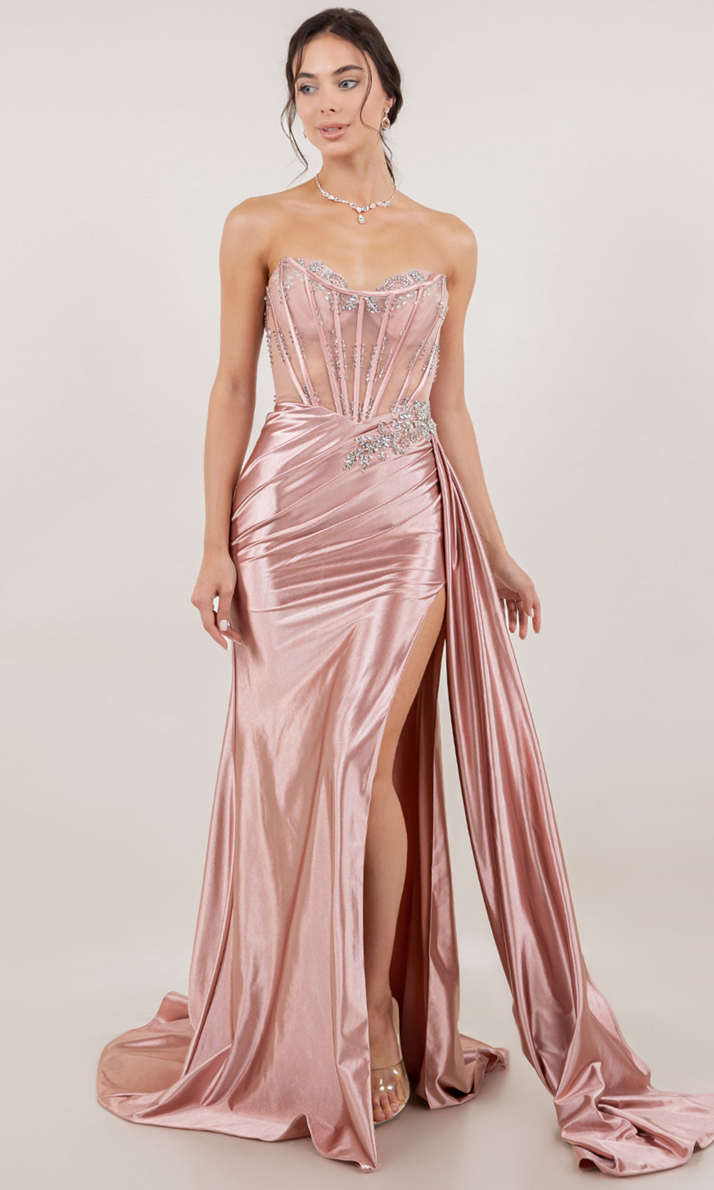 Cinderella Couture 8511J - Crystal Beaded Sheath Gown with Side Sash Prom Dresses in Rose 