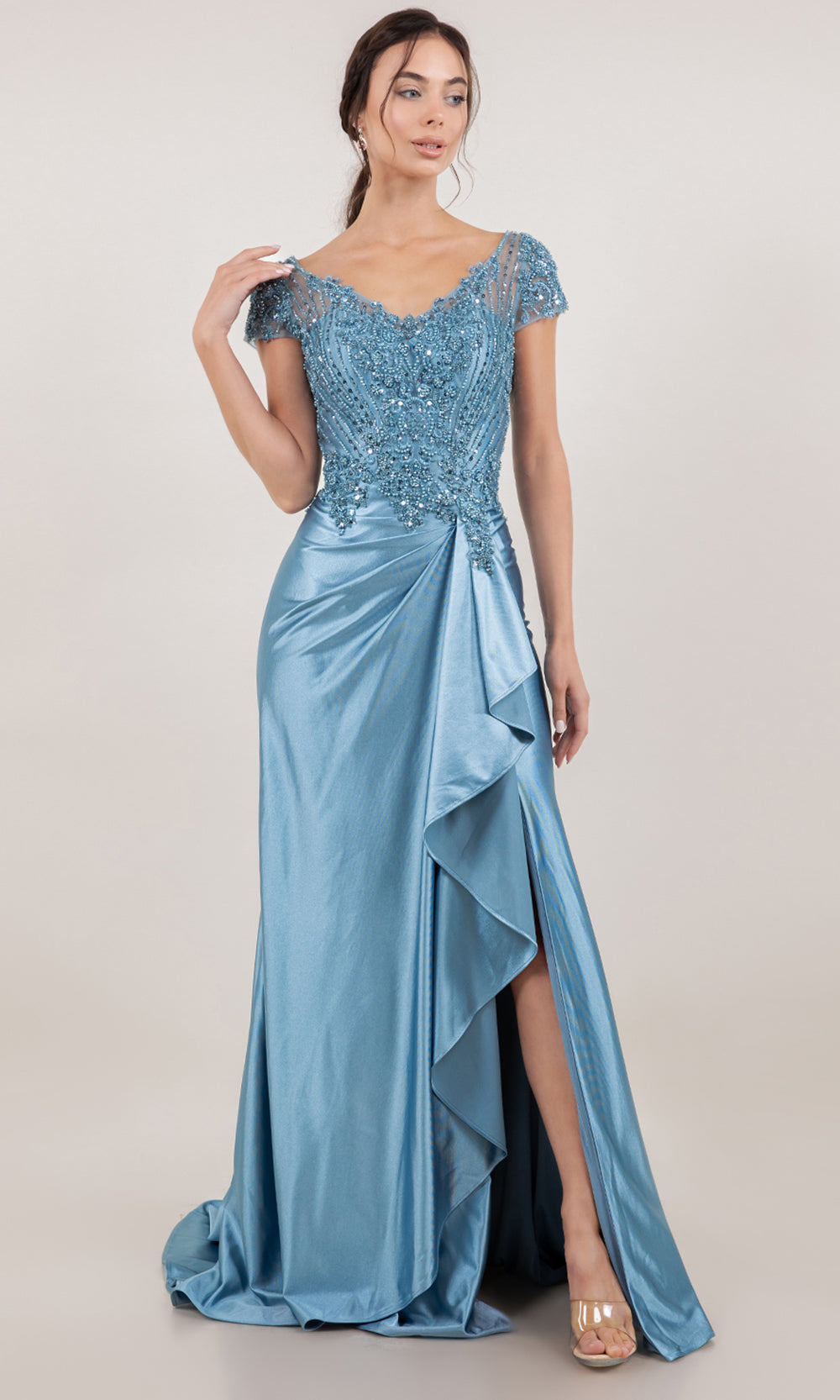 Cinderella Couture 8513M - Draped Skirt V-Neckline Satin Formal Gown Mother of the Bride Dresses in Dusty Blue