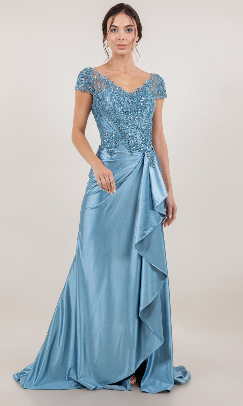 Cinderella Couture 8513M - Draped Skirt V-Neckline Satin Formal Gown Mother of the Bride Dresses in Dusty Blue