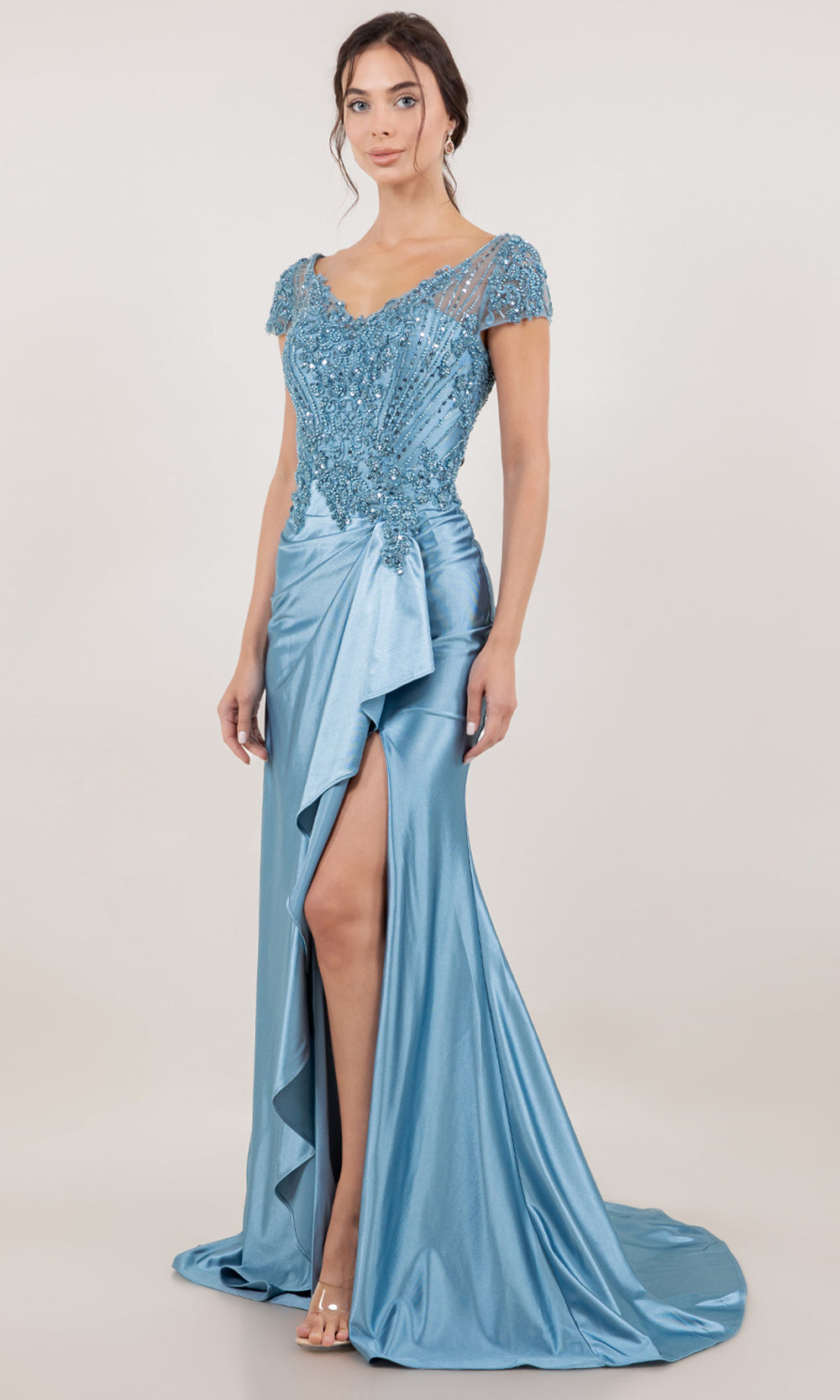 Cinderella Couture 8513M - Draped Skirt V-Neckline Satin Formal Gown Mother of the Bride Dresses in Dusty Blue