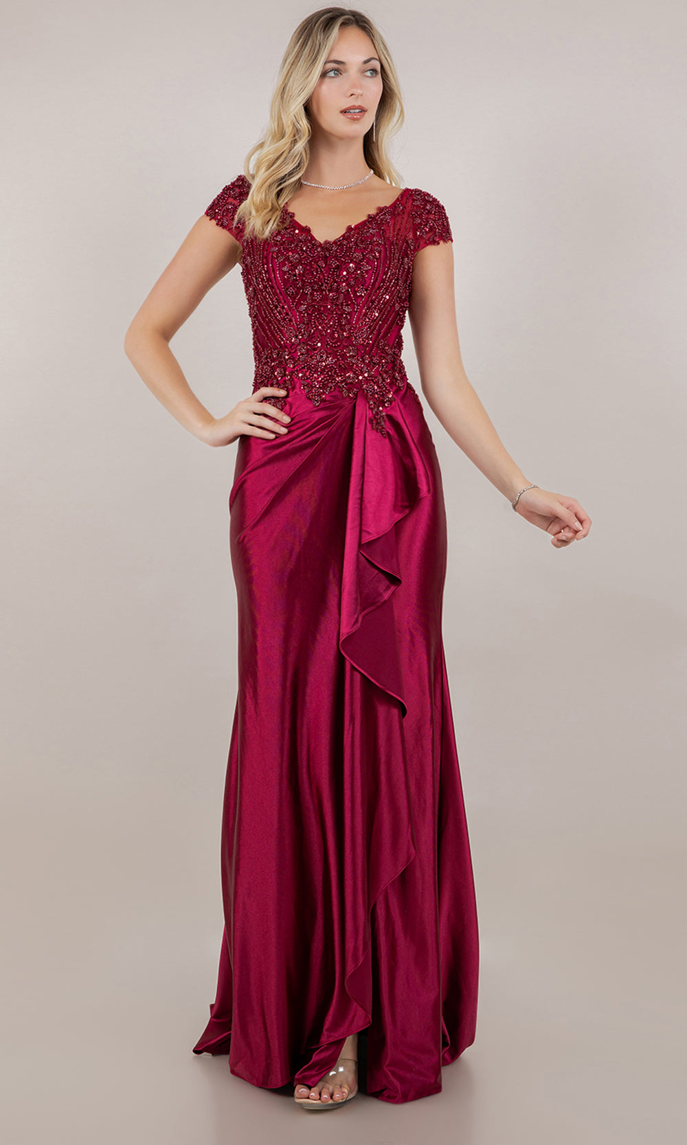 Cinderella Couture 8513M - Draped Skirt V-Neckline Satin Formal Gown Mother of the Bride Dresses in Wine 