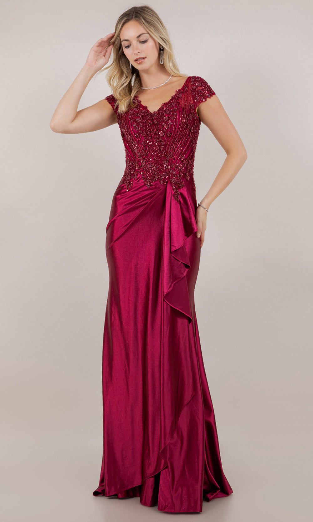 Cinderella Couture 8513M - Draped Skirt V-Neckline Satin Formal Gown Mother of the Bride Dresses in Wine 