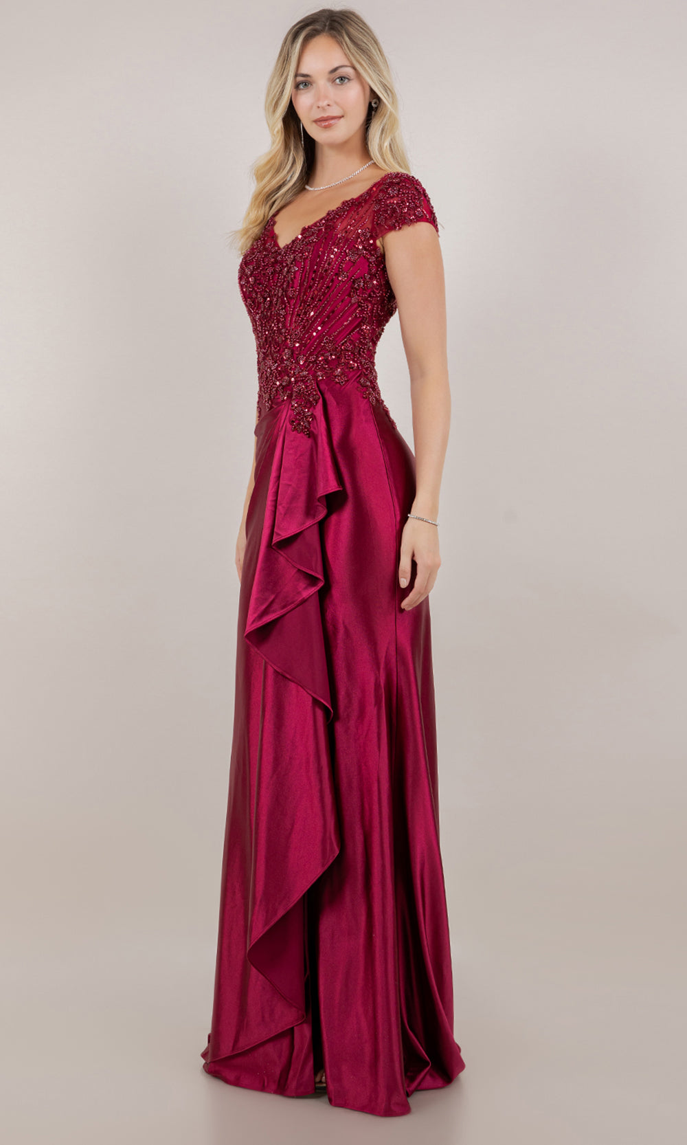 Cinderella Couture 8513M - Draped Skirt V-Neckline Satin Formal Gown Mother of the Bride Dresses in Wine 