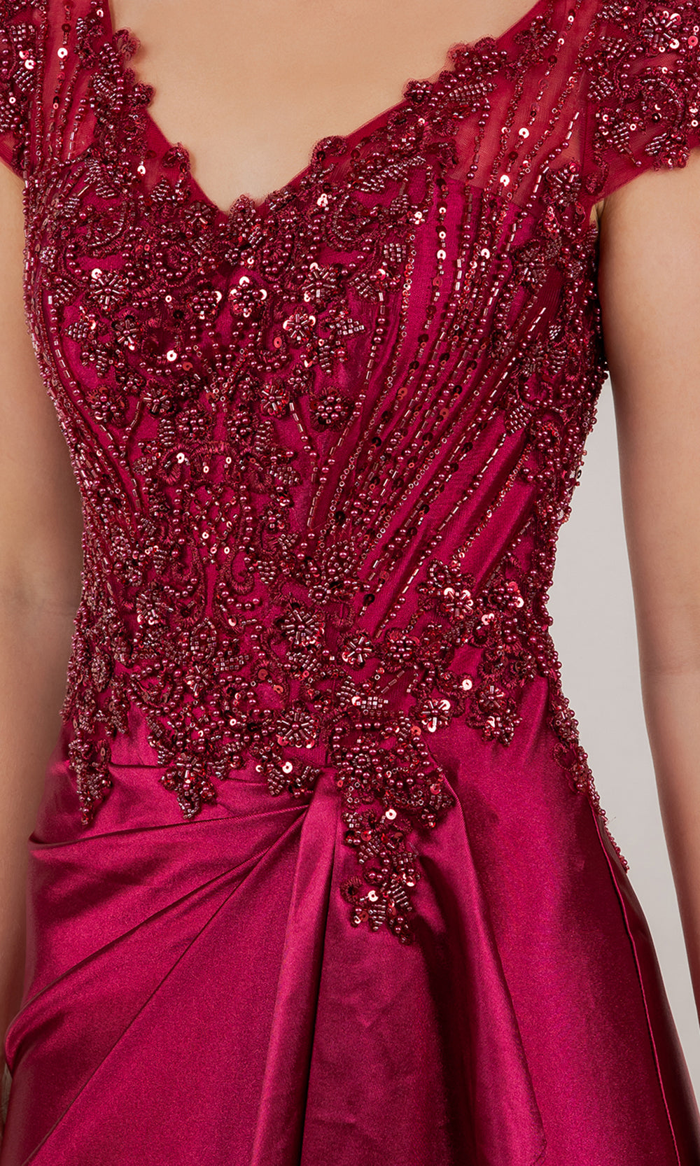 Cinderella Couture 8513M - Draped Skirt V-Neckline Satin Formal Gown Mother of the Bride Dresses in Wine 