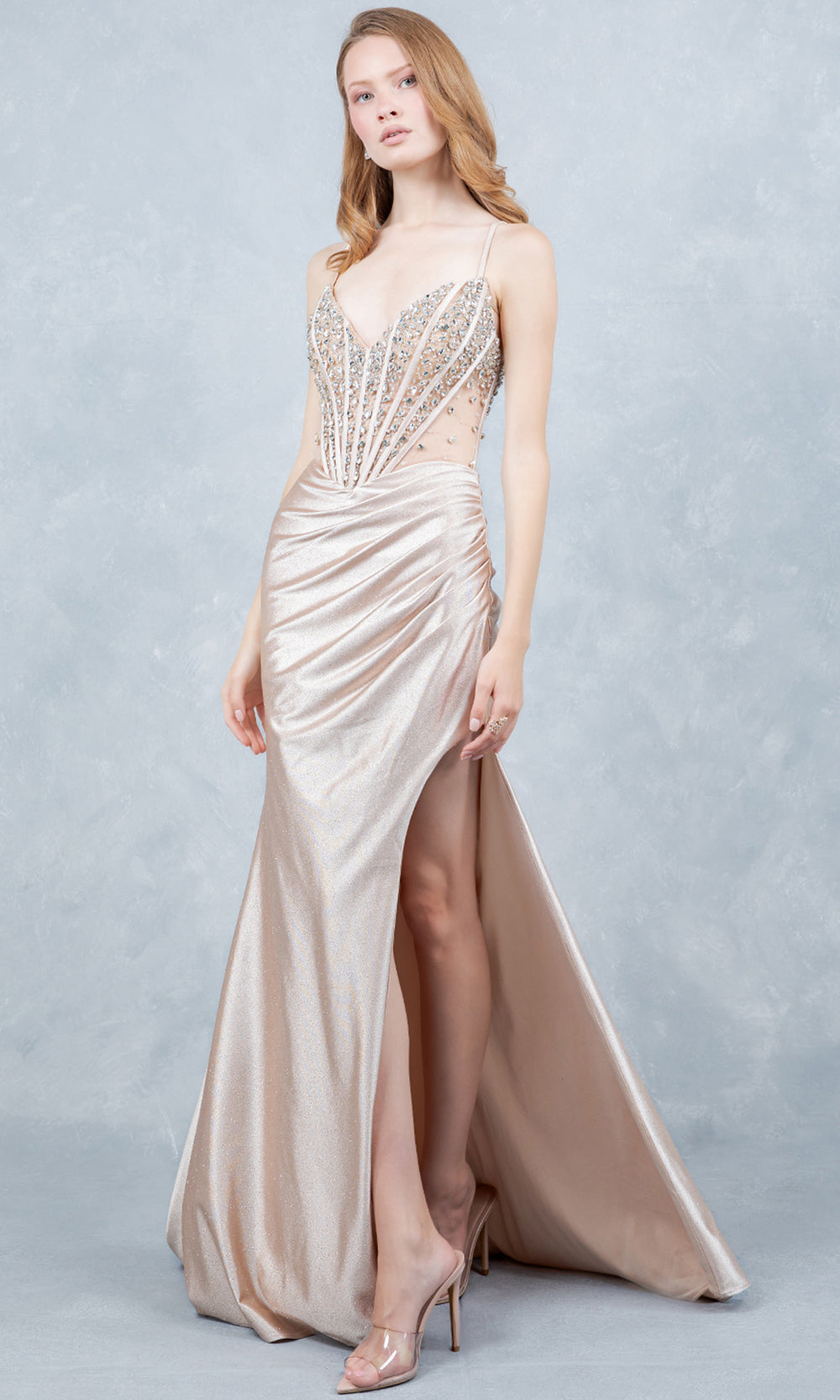 Cinderella Couture 8562J - Lace-Up Back Rhinestone Ornate Prom Gown Prom Dresses in Champagne
