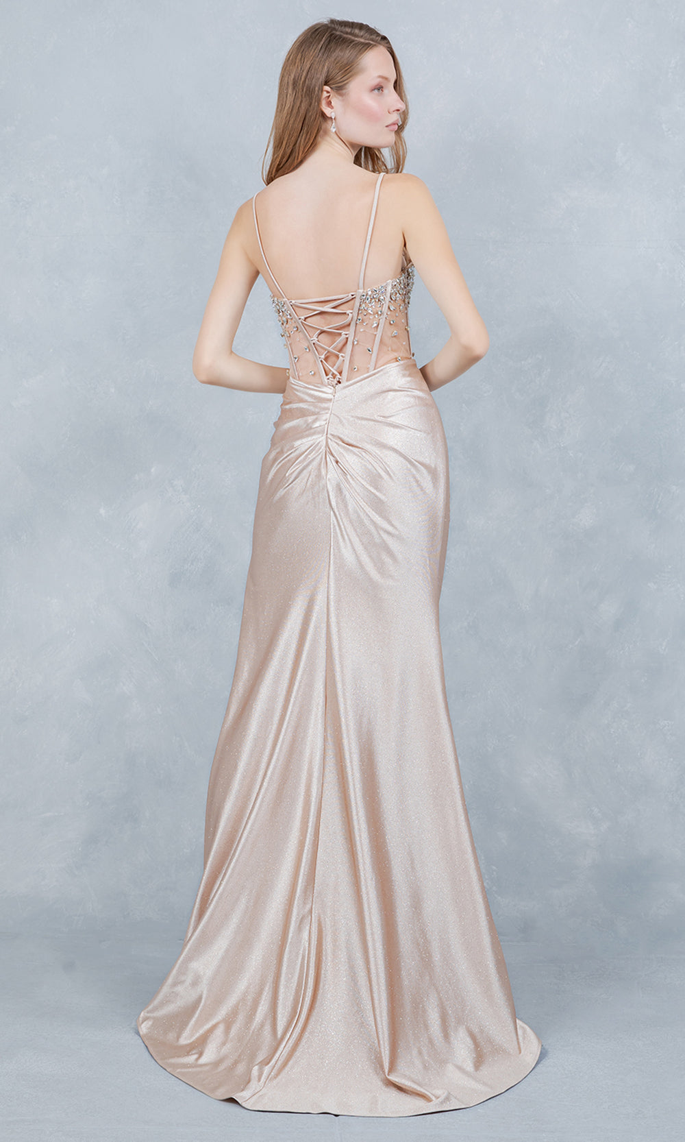 Cinderella Couture 8562J - Lace-Up Back Rhinestone Ornate Prom Gown Prom Dresses in Champagne