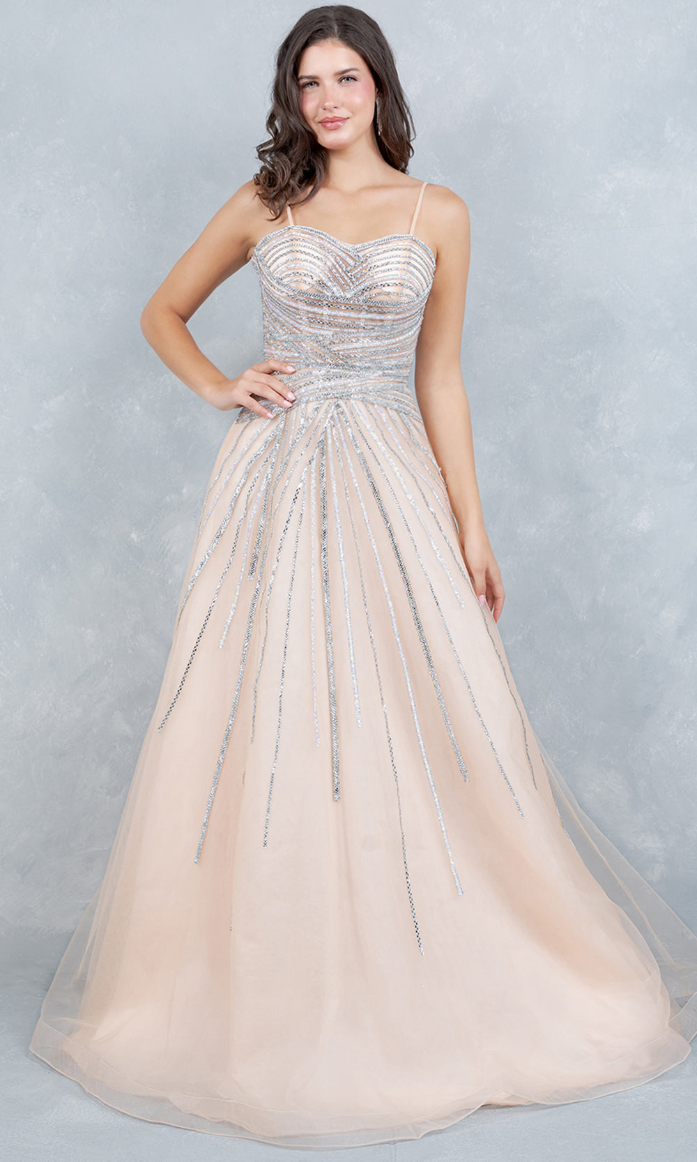 Cinderella Couture 8569J - Rhinestone Encrusted A-Line Sweetheart Gown Prom Dresses in Champagne 