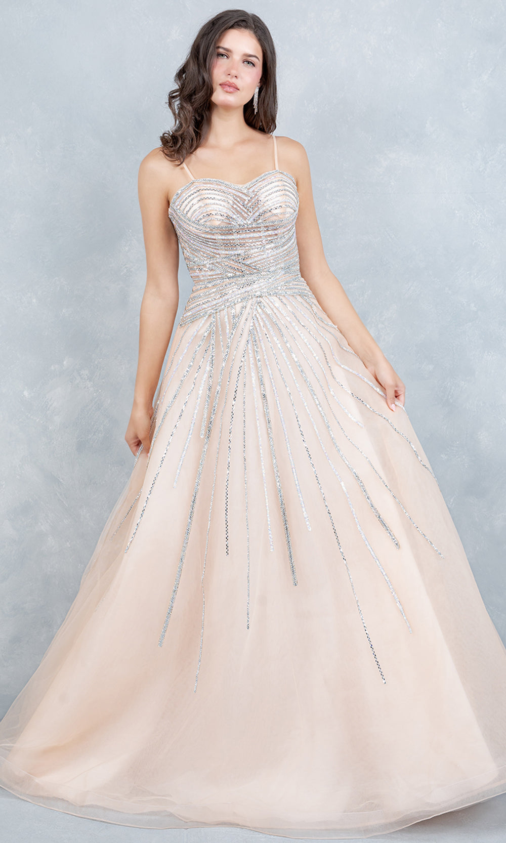 Cinderella Couture 8569J - Rhinestone Encrusted A-Line Sweetheart Gown Prom Dresses in Champagne 
