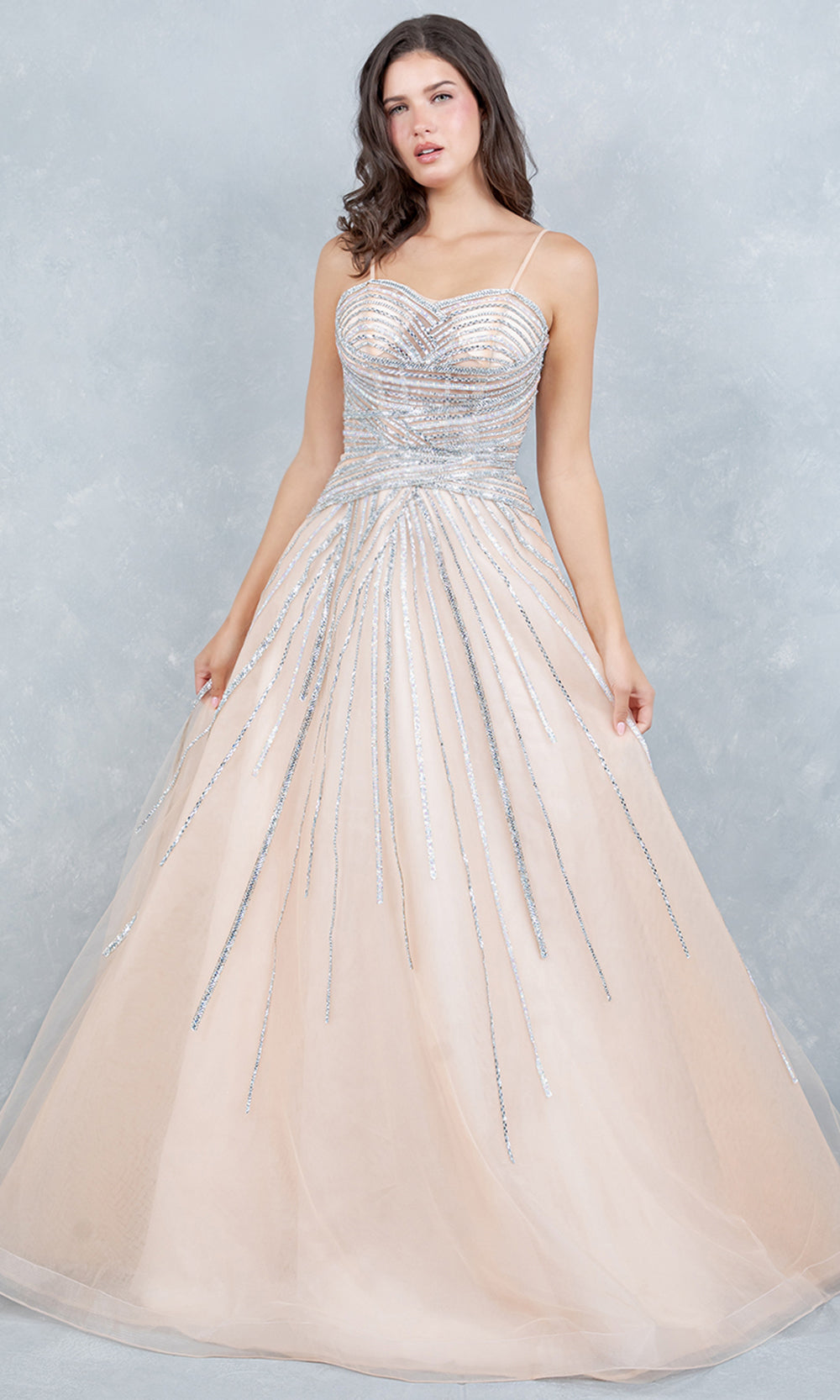 Cinderella Couture 8569J - Rhinestone Encrusted A-Line Sweetheart Gown Prom Dresses in Champagne 