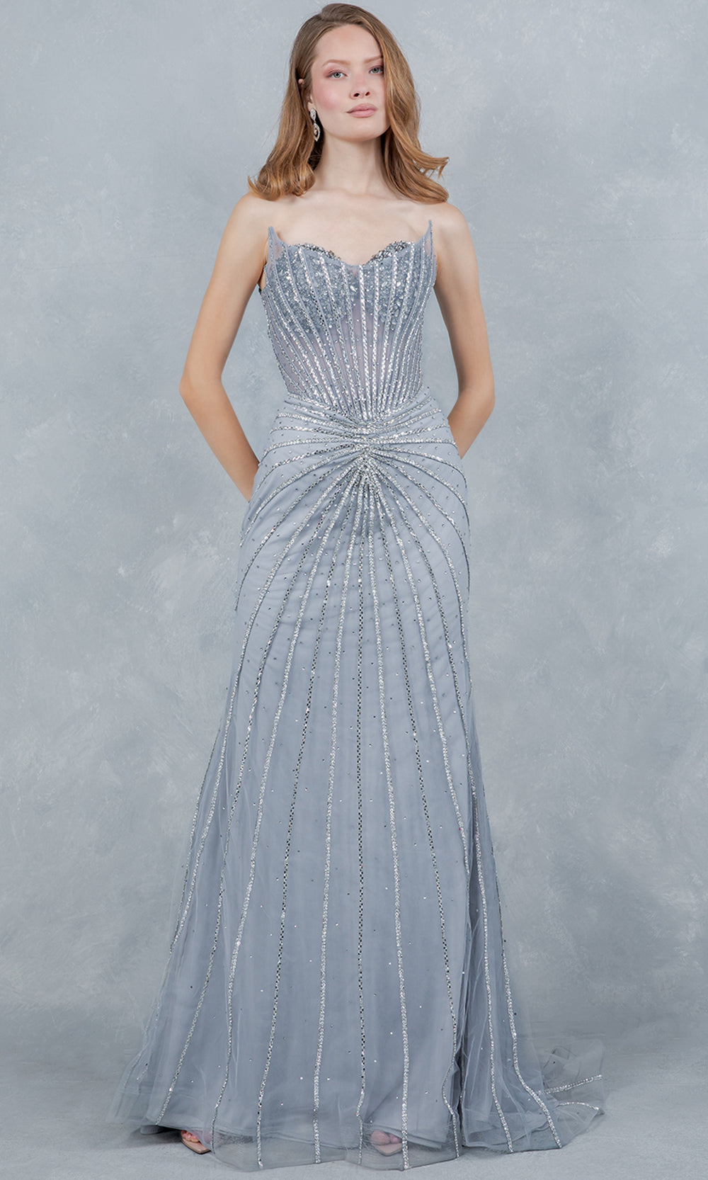 Cinderella Couture 8576J - Rhinestone Embellished Sweetheart Long Gown Prom Dresses in Silver 