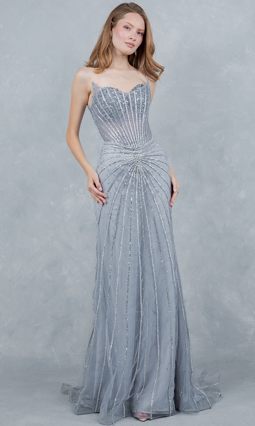 Cinderella Couture 8576J - Rhinestone Embellished Sweetheart Long Gown Prom Dresses in Silver 