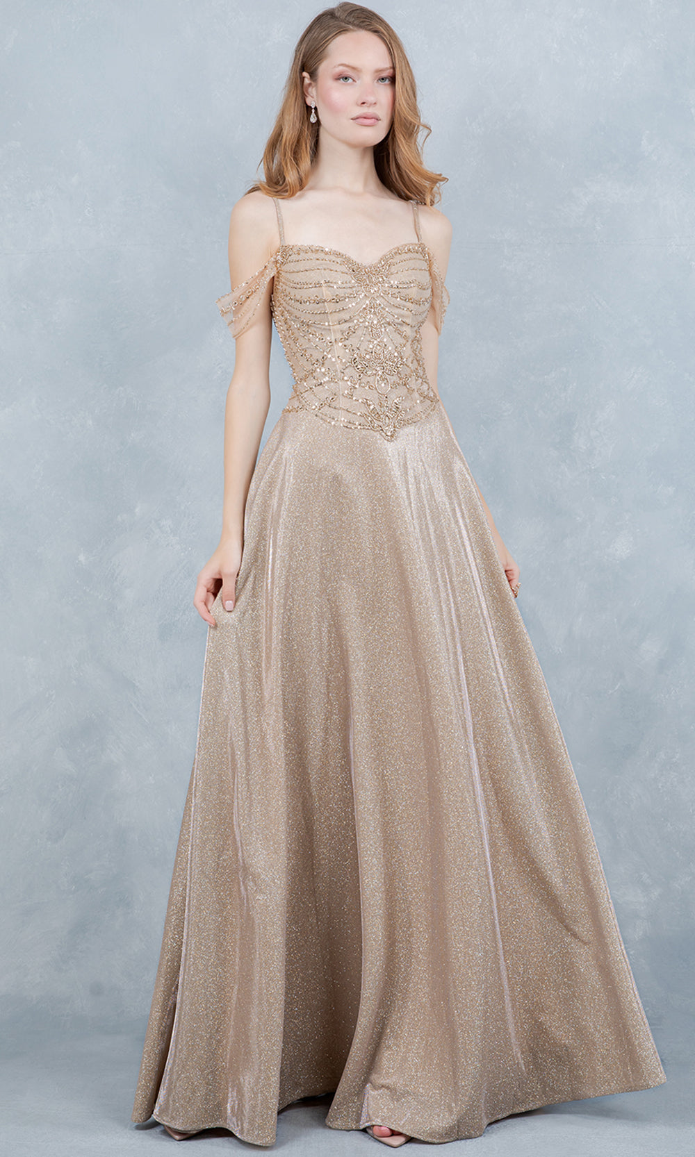 Cinderella Couture 8581J - Cold Shoulder Beaded Applique Long Gown Prom Dresses in Champagne 