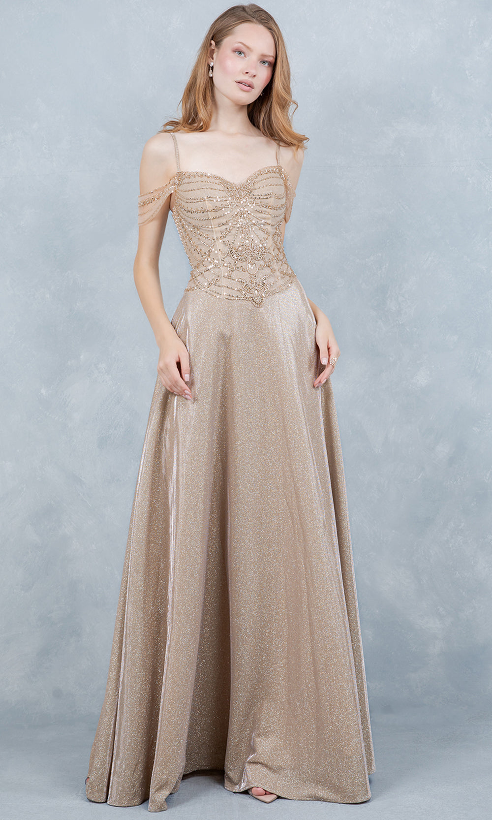 Cinderella Couture 8581J - Cold Shoulder Beaded Applique Long Gown Prom Dresses in Champagne 