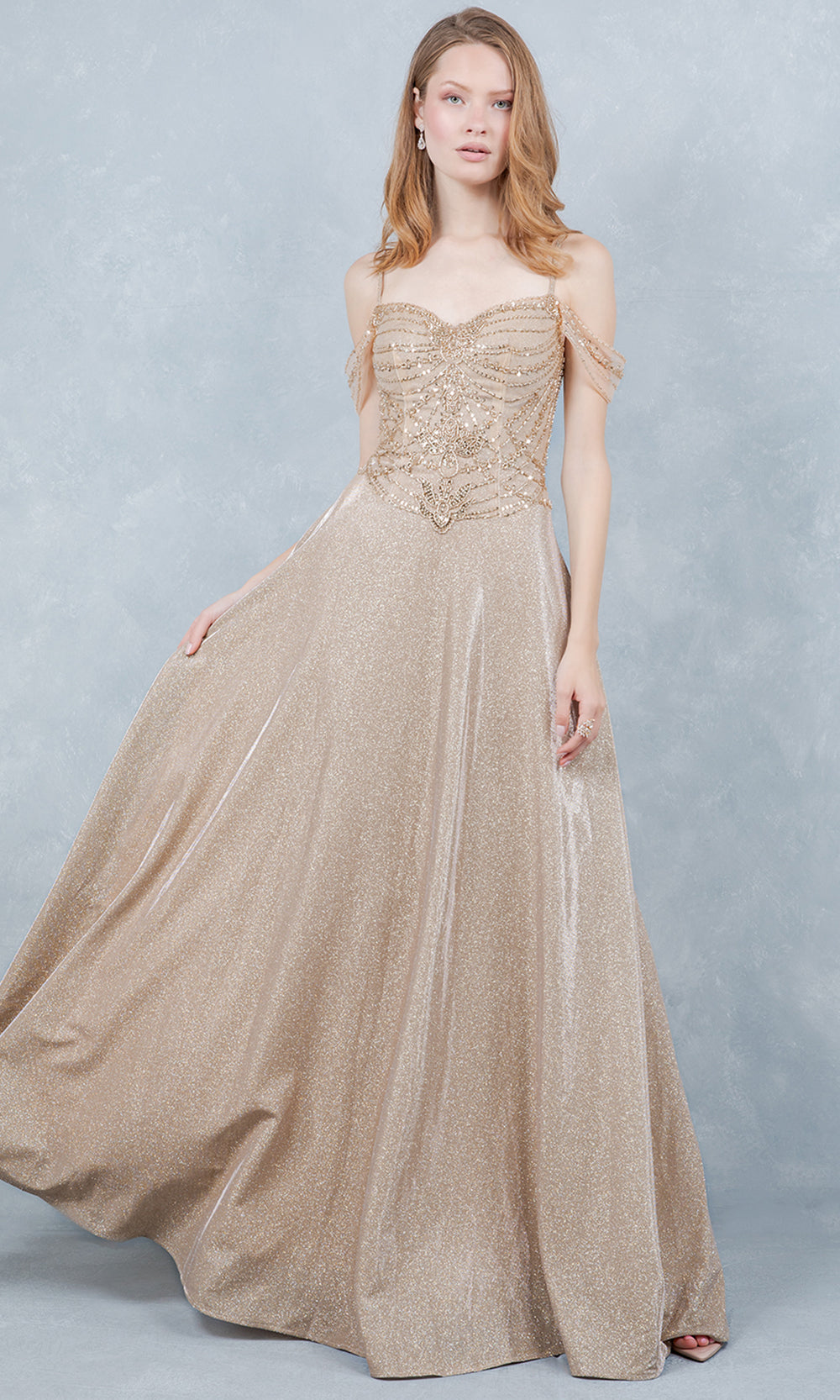 Cinderella Couture 8581J - Cold Shoulder Beaded Applique Long Gown Prom Dresses in Champagne 