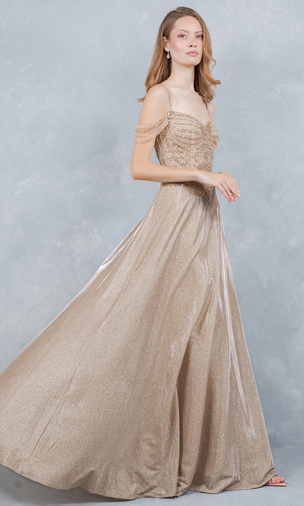 Cinderella Couture 8581J - Cold Shoulder Beaded Applique Long Gown Prom Dresses in Champagne 
