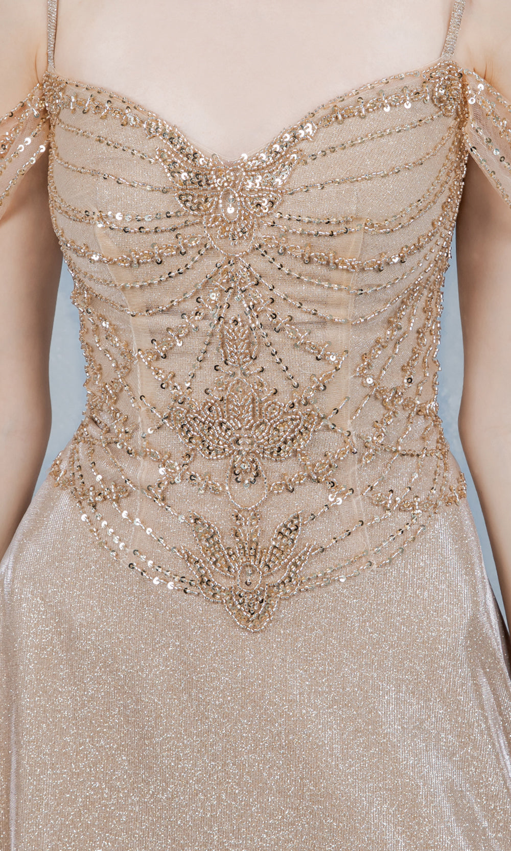Cinderella Couture 8581J - Cold Shoulder Beaded Applique Long Gown Prom Dresses in Champagne 