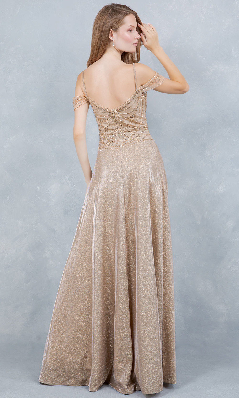Cinderella Couture 8581J - Cold Shoulder Beaded Applique Long Gown Prom Dresses in Champagne 