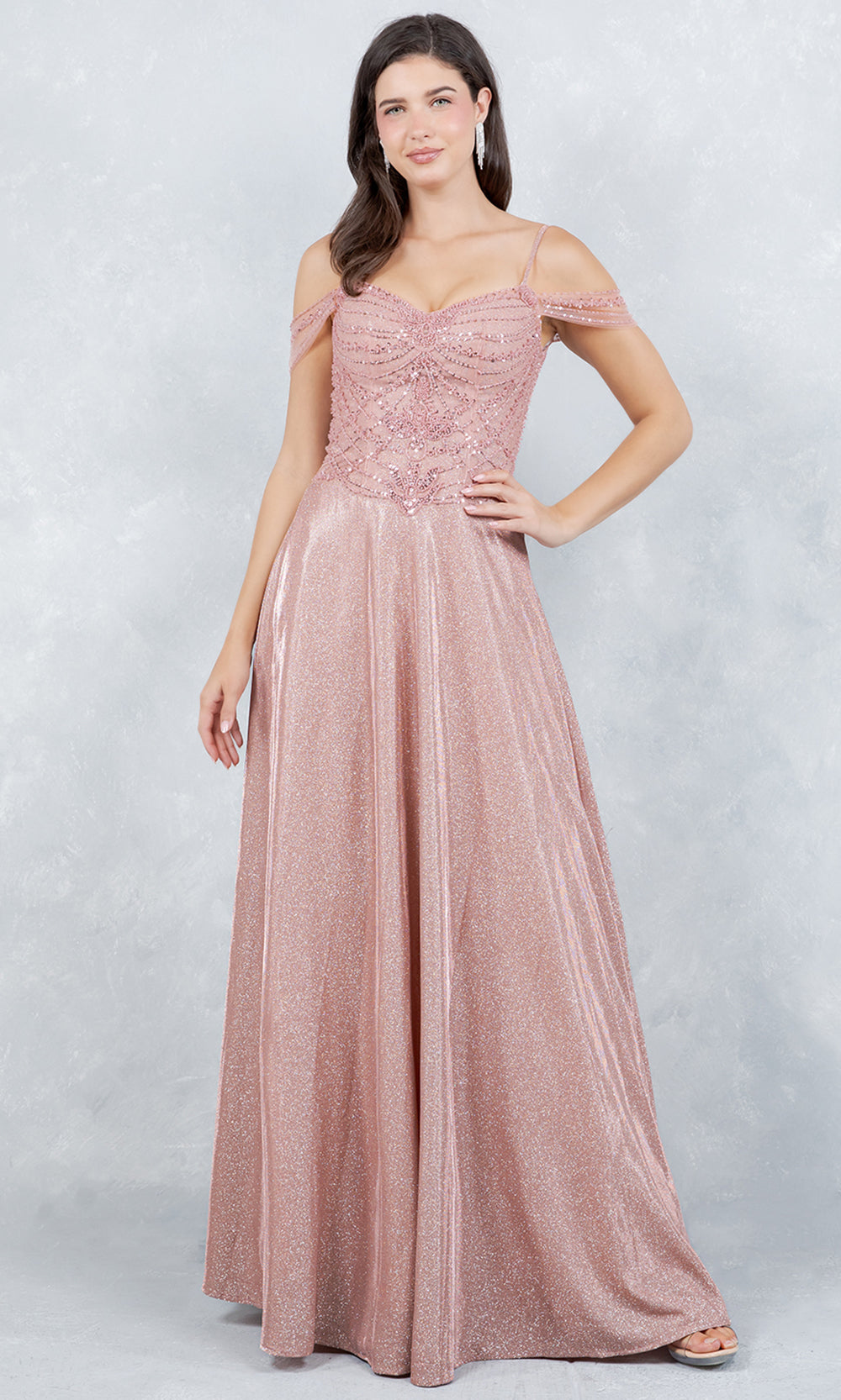 Cinderella Couture 8581J - Cold Shoulder Beaded Applique Long Gown Prom Dresses in Rose Gold