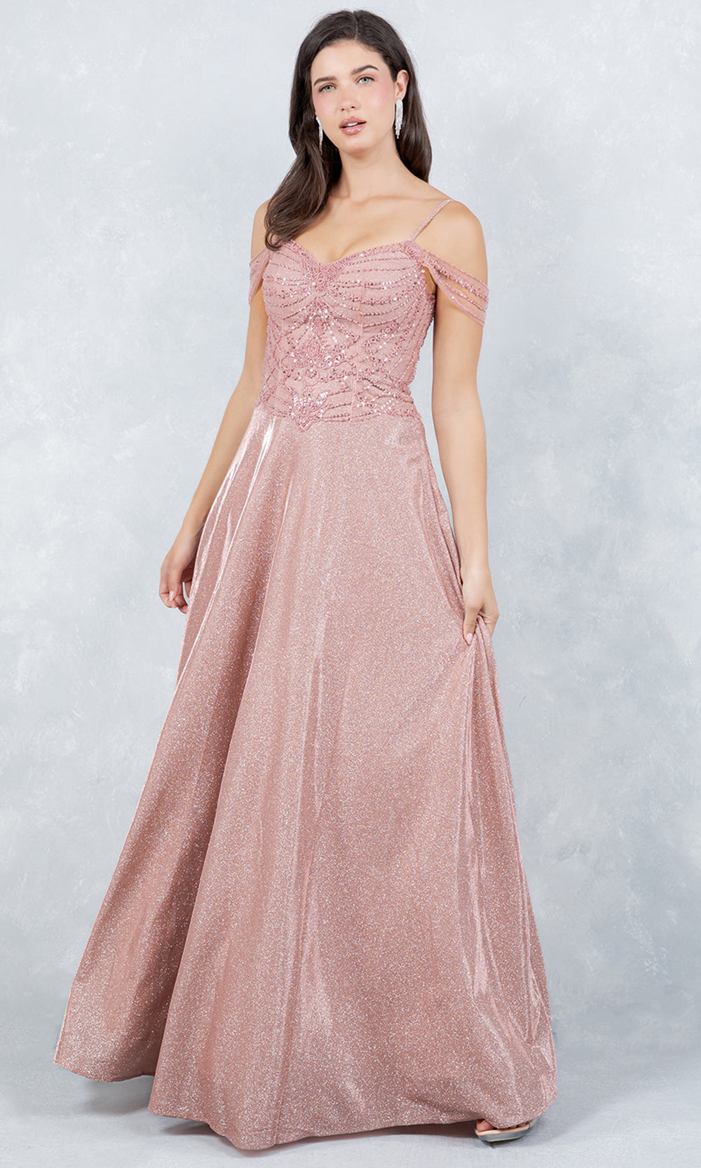 Cinderella Couture 8581J - Cold Shoulder Beaded Applique Long Gown Prom Dresses in Rose Gold