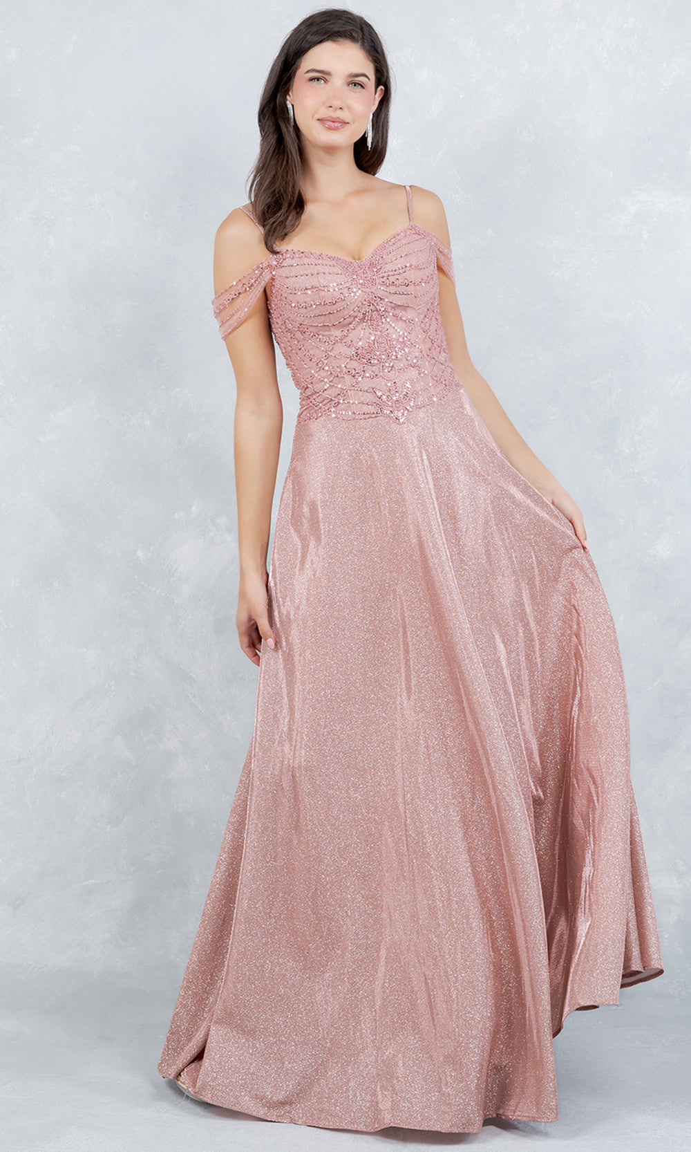 Cinderella Couture 8581J - Cold Shoulder Beaded Applique Long Gown Prom Dresses in Rose Gold