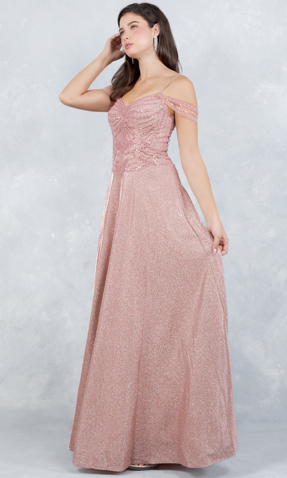 Cinderella Couture 8581J - Cold Shoulder Beaded Applique Long Gown Prom Dresses in Rose Gold