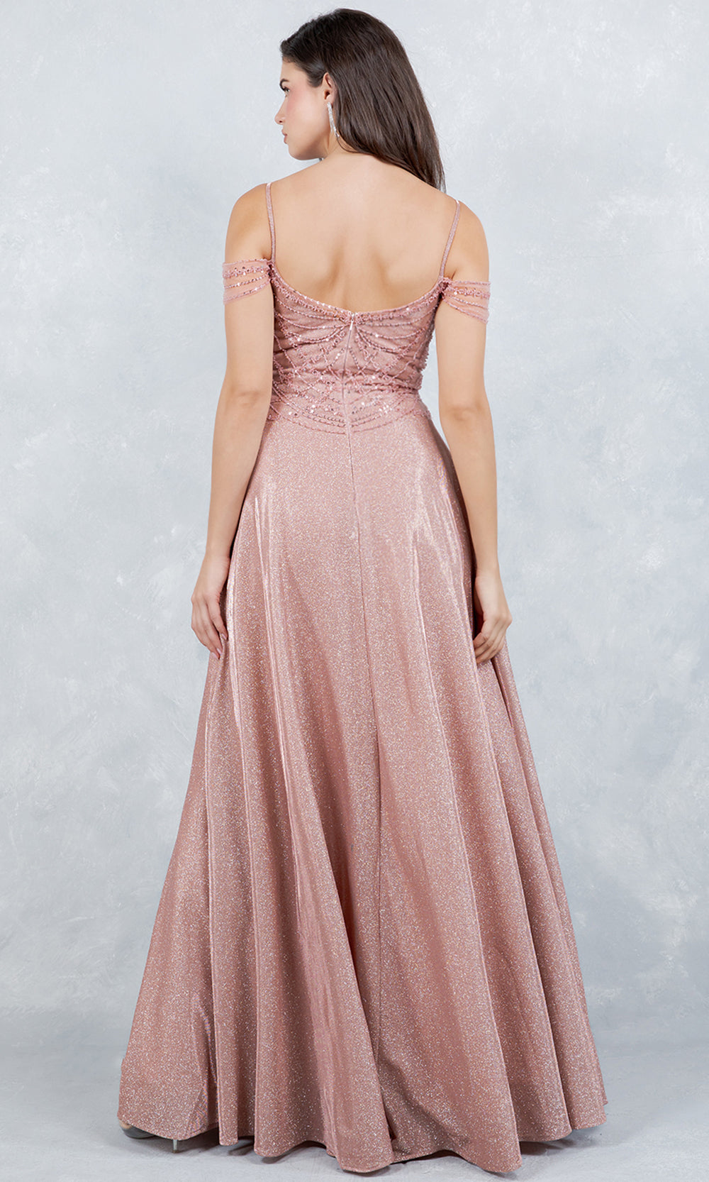Cinderella Couture 8581J - Cold Shoulder Beaded Applique Long Gown Prom Dresses in Rose Gold