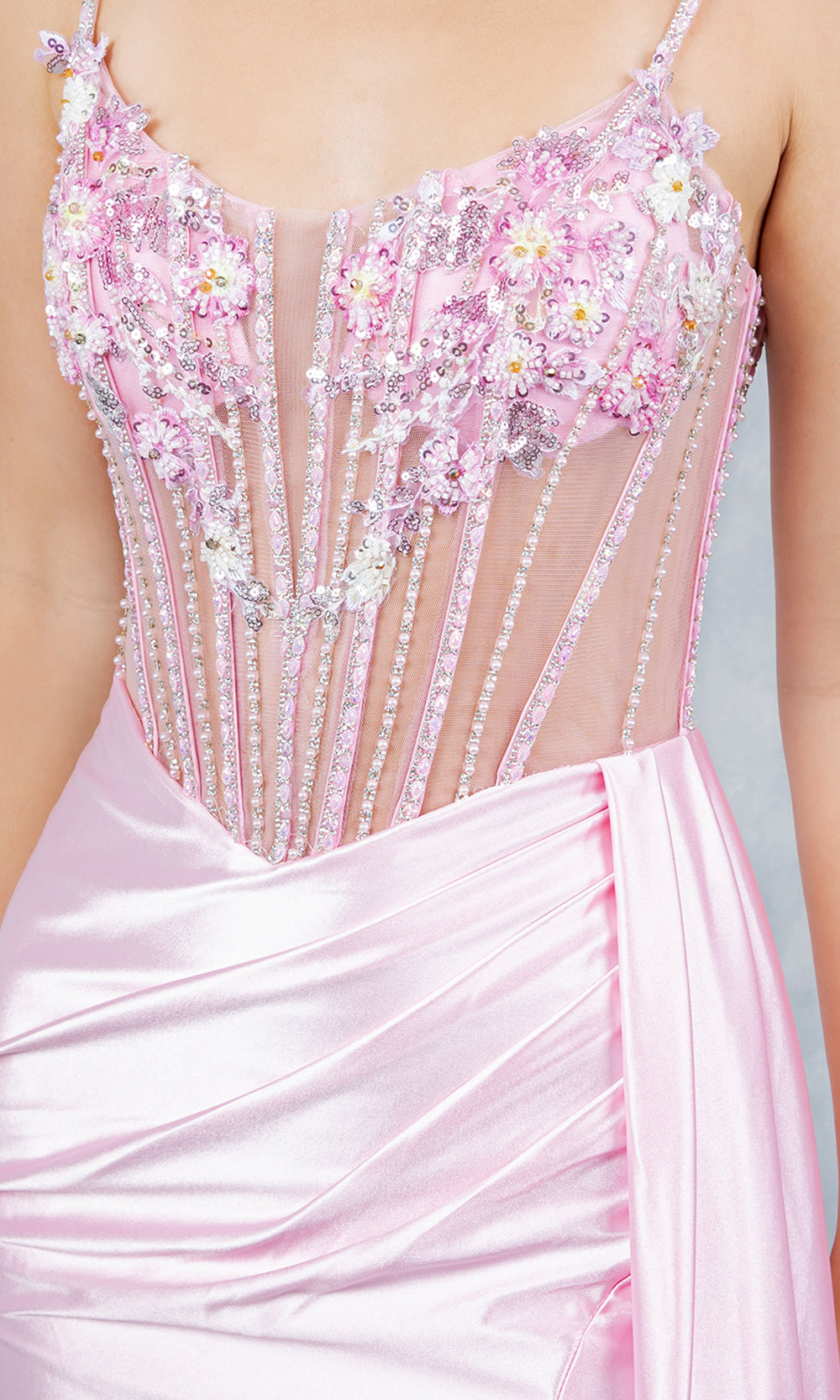 Cinderella Couture 8593J - Illusion Scoop Neck Draped Evening Gown Prom Dresses in Pink 