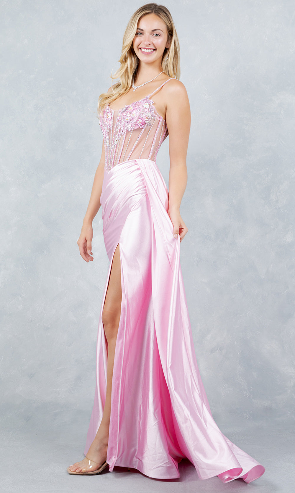 Cinderella Couture 8593J - Illusion Scoop Neck Draped Evening Gown Prom Dresses in Pink 