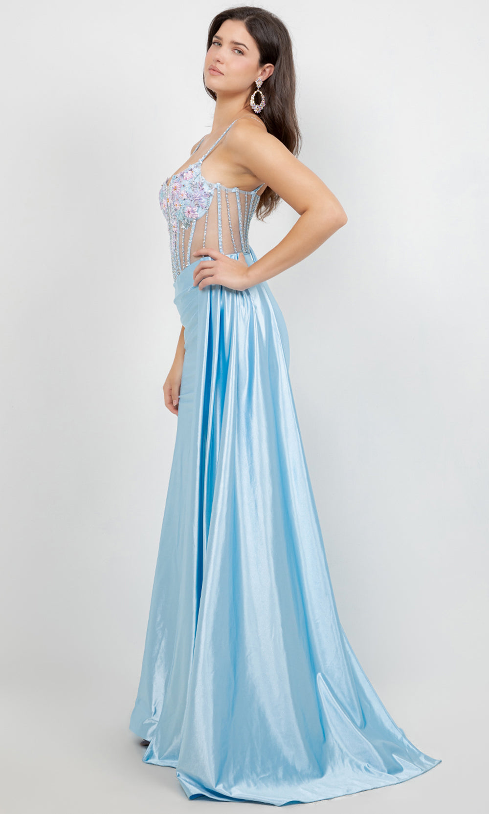 Cinderella Couture 8593J - Illusion Scoop Neck Draped Evening Gown Prom Dresses in Blue 