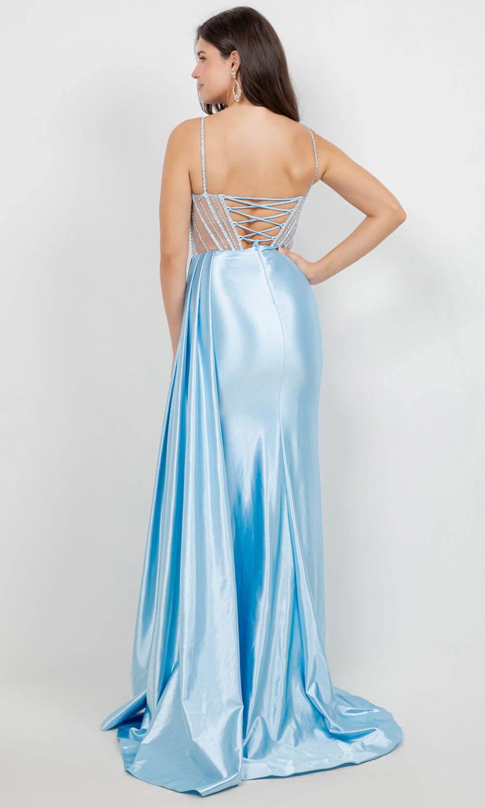 Cinderella Couture 8593J - Illusion Scoop Neck Draped Evening Gown Prom Dresses in Blue 