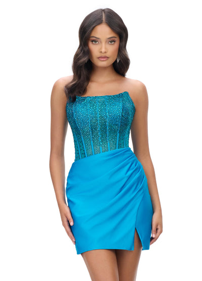 Ashley Lauren 4686 - Beaded Corset Cocktail Dress In Blue