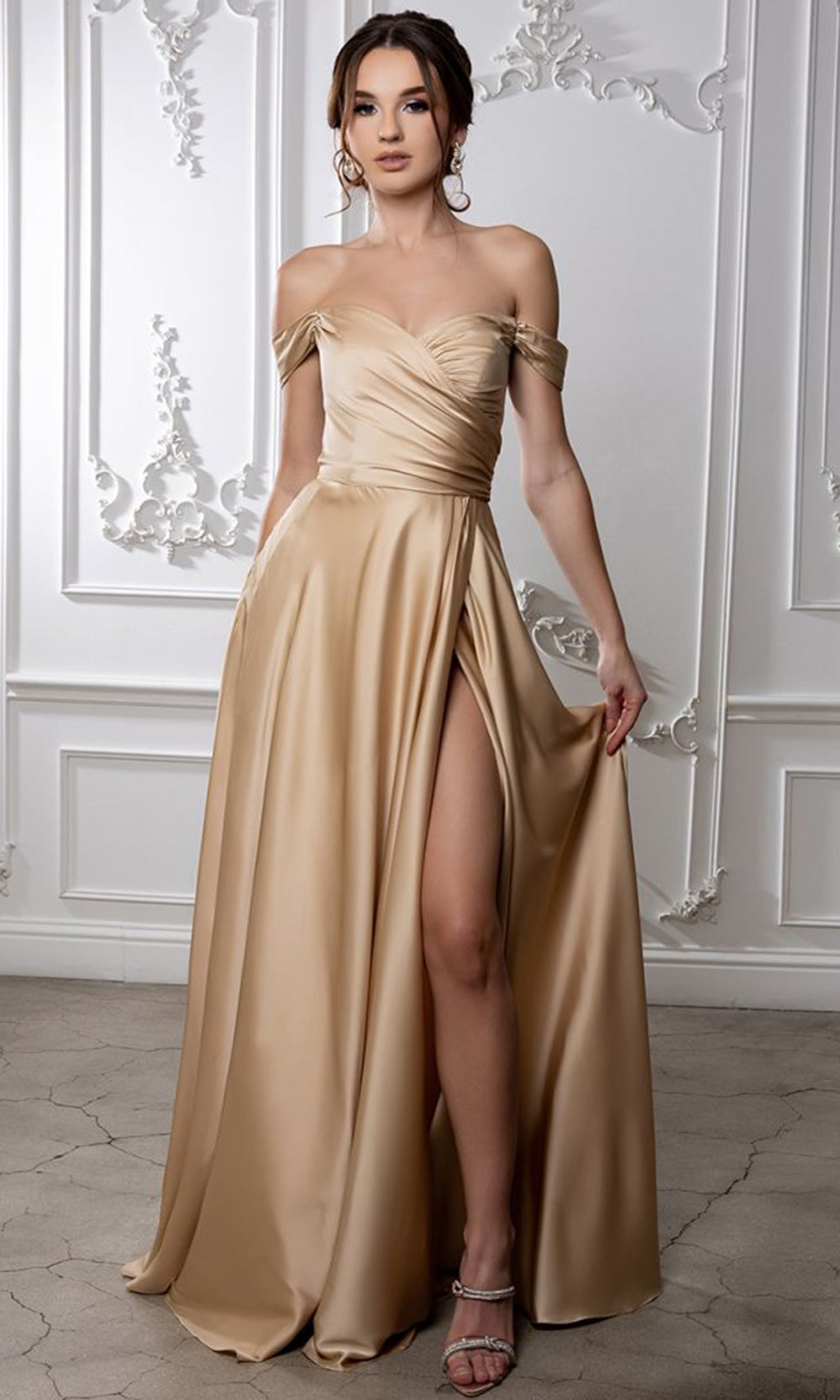 May Queen MQ2187B - Pleated Red Carpet A Line Dress Evening Dresses in Champagne 