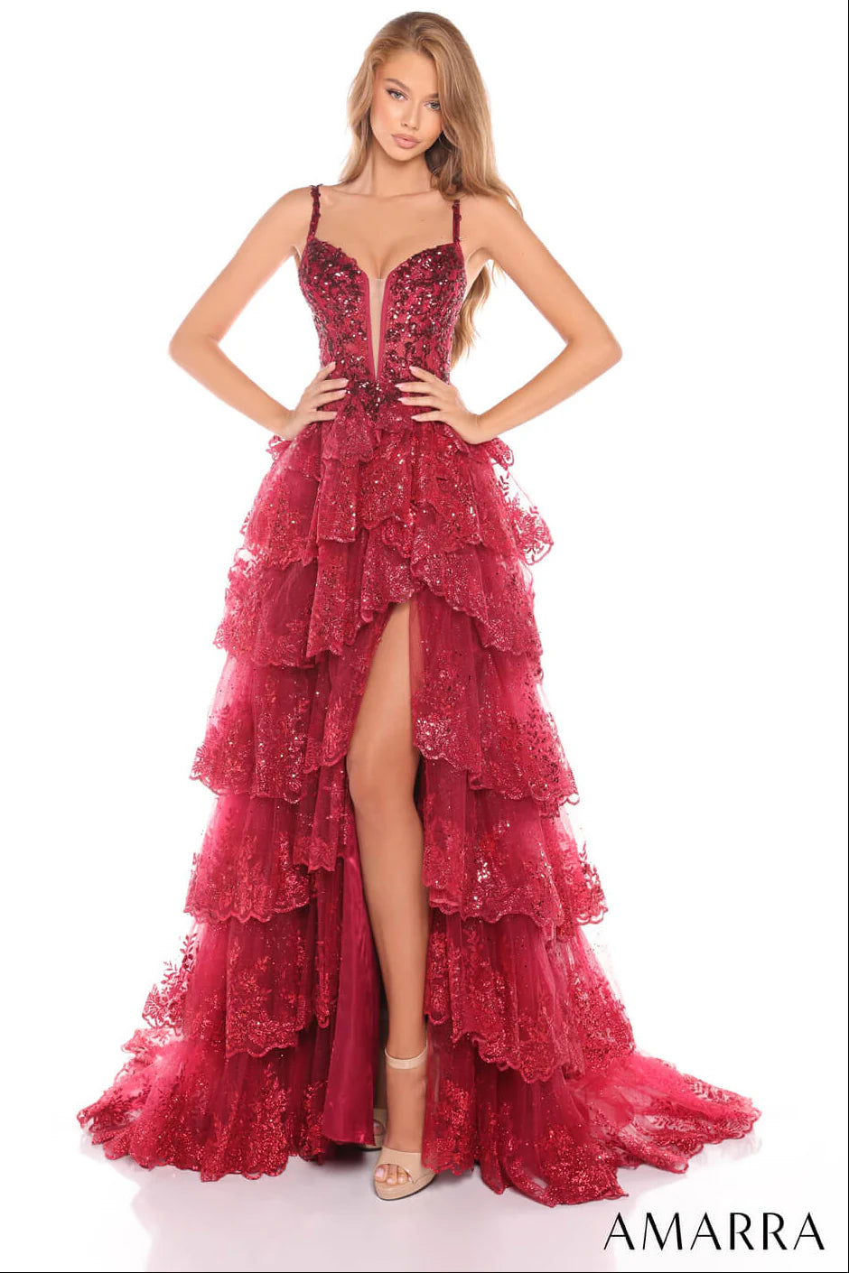 Amarra 88745 - Applique Corset Prom Dress with Slit