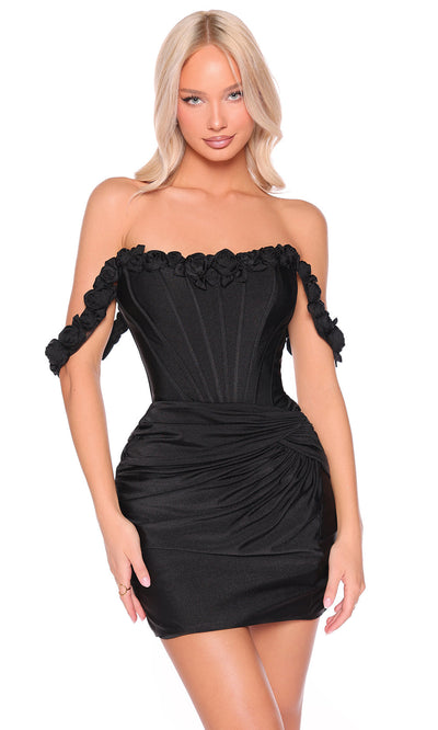 Amarra 88980 - Ruched Satin Mini Dress with Floral Trim Cocktail Dresses