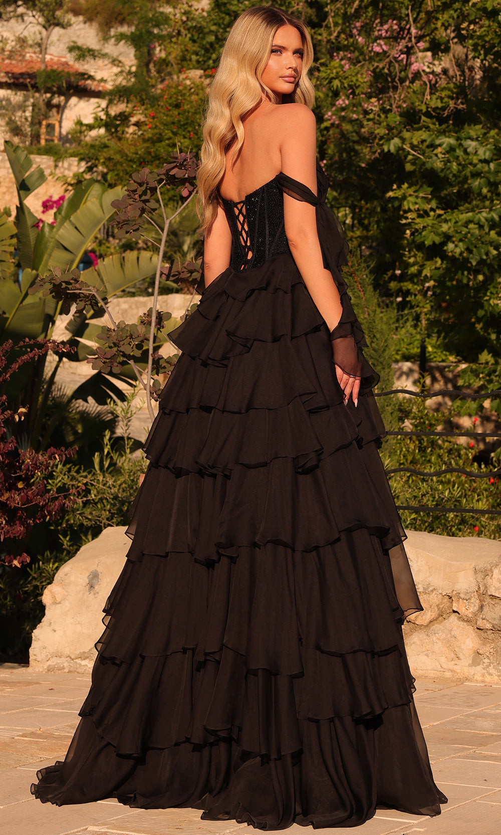 Amarra 89285 - Off Shoulder Beaded Corset Ruffle Gown Prom Dresses