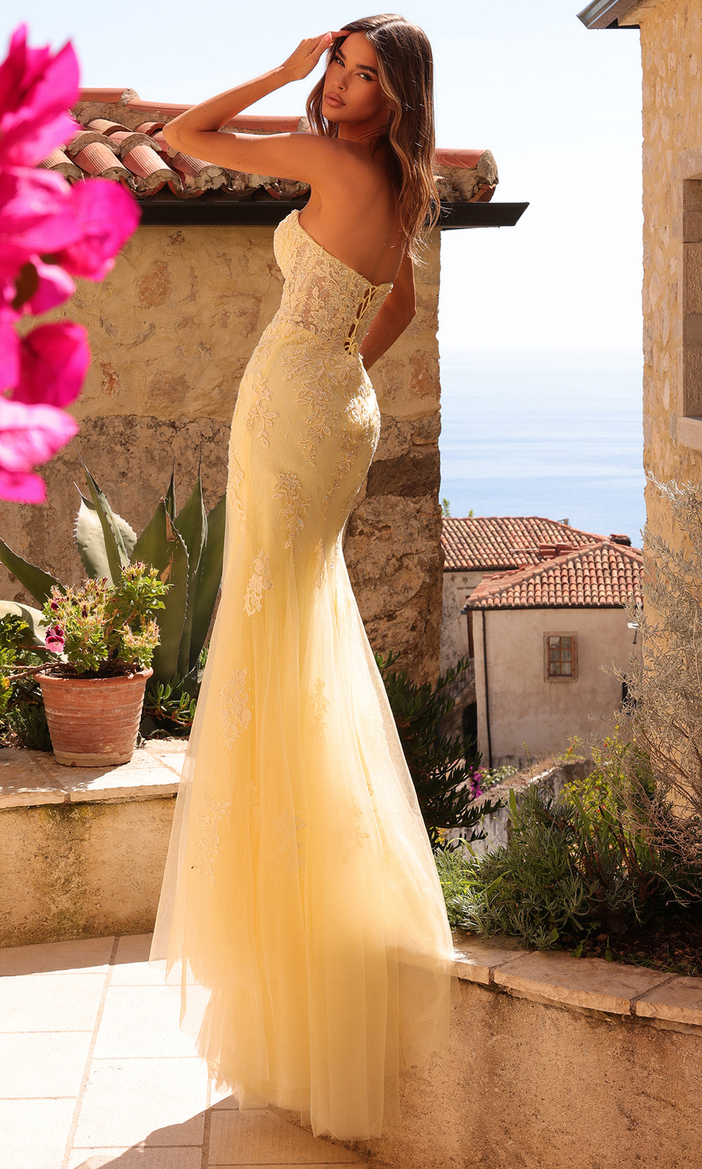 Amarra 89331 - Lace Applique High Slit Tulle Gown Prom Dresses