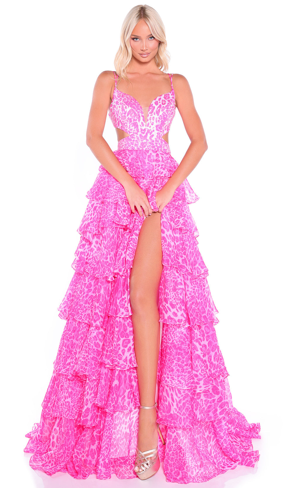 Amarra 89407 - Animal Print Ruffled Gown with Cutout Sides Prom Dresses
