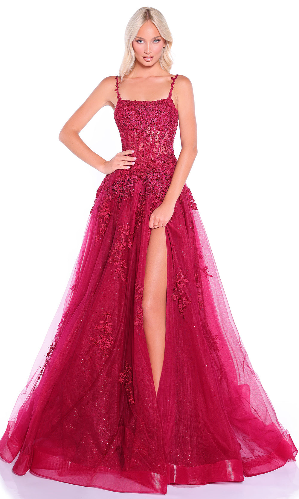 Amarra 89525 - Floral Embroidered High Slit A-Line Dress Prom Dresses