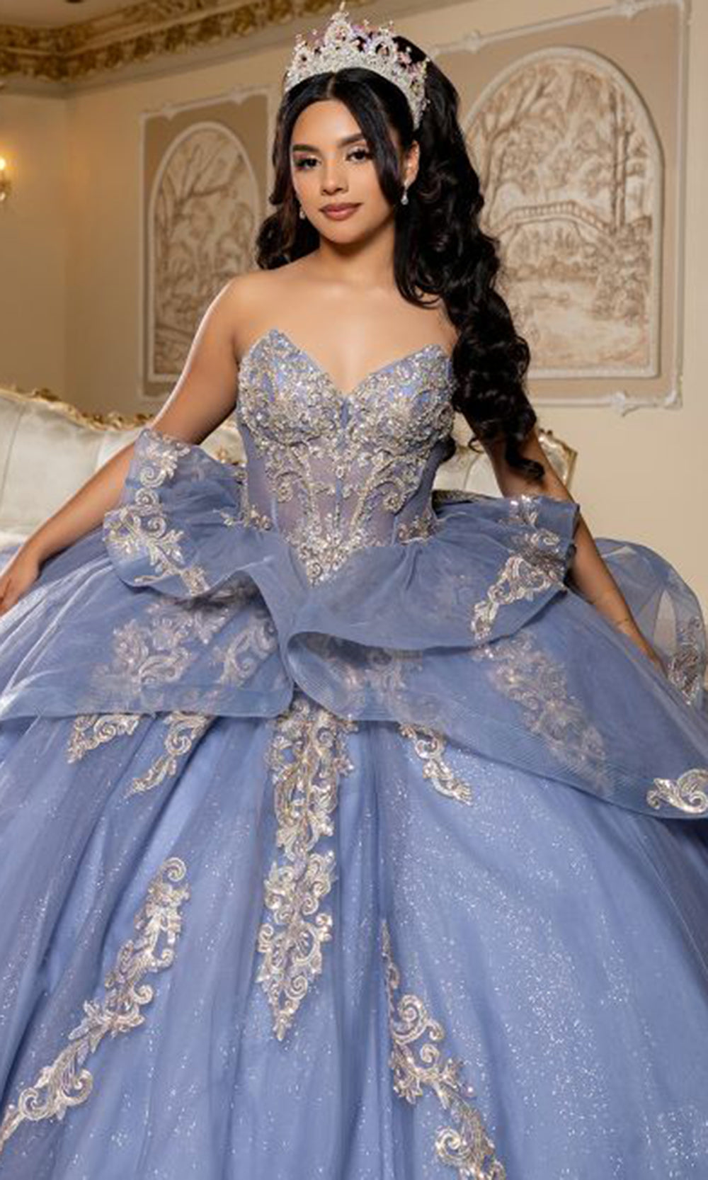 May Queen LK291 - Illusion Sleeve Beaded Applique Layered Ballgown