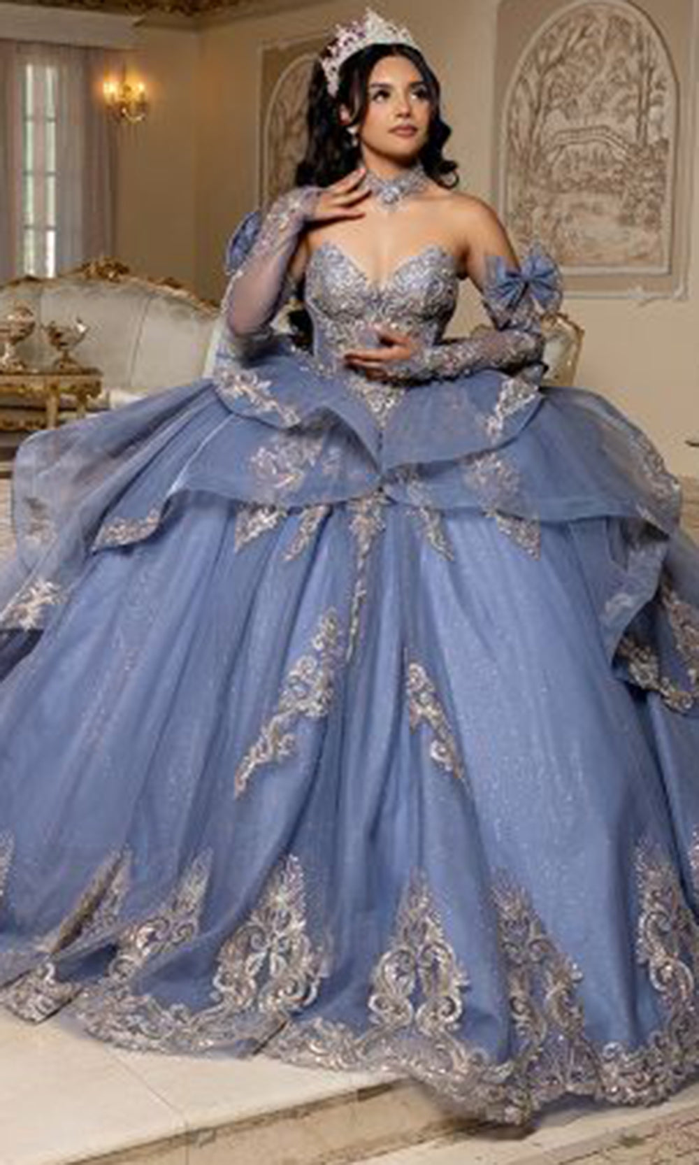 May Queen LK291 - Illusion Sleeve Beaded Applique Layered Ballgown