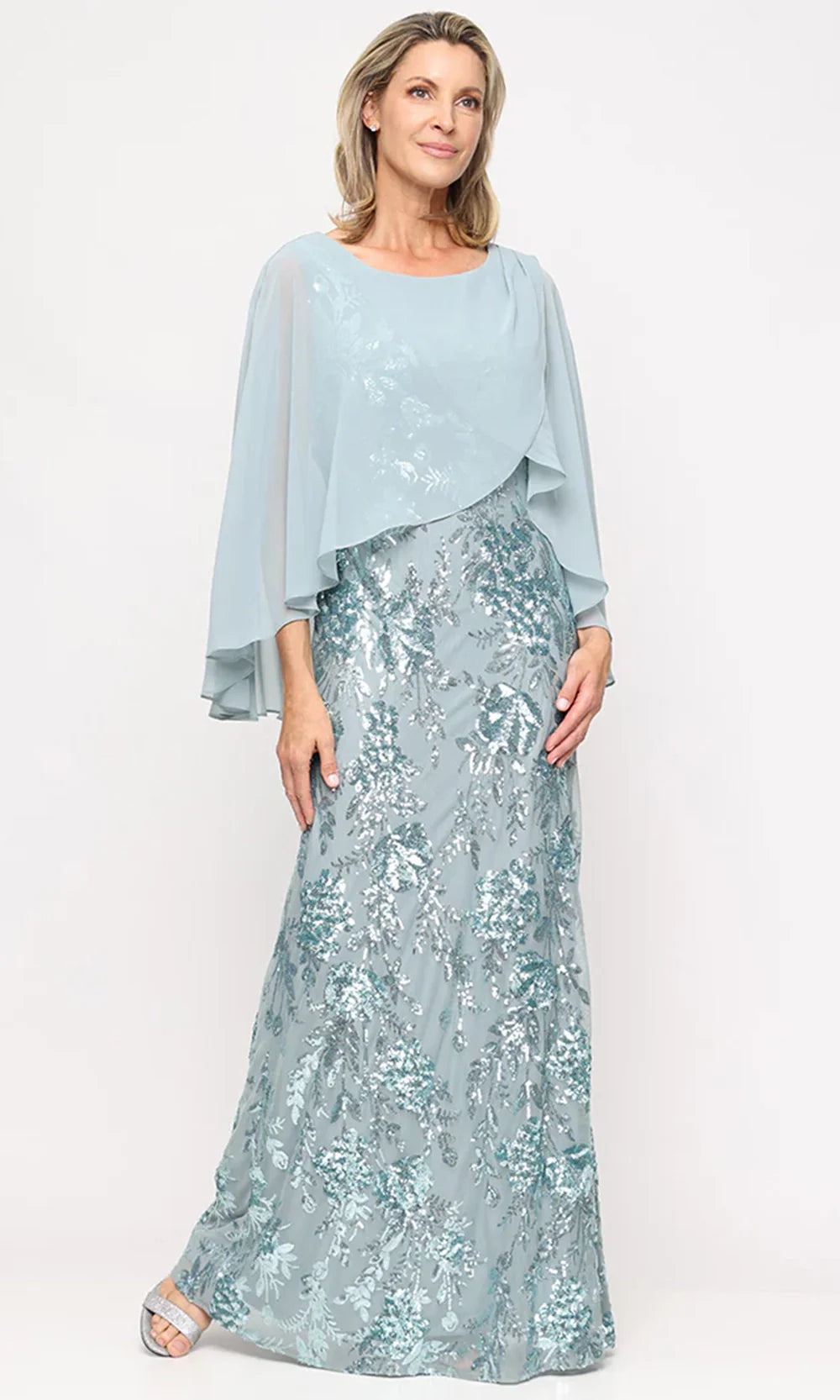 S.L. Fashions Dresses (SLNY) 9120348 - Long Cape Sleeve Sequin Dress Mother Of The Bride Dresses in Sage 