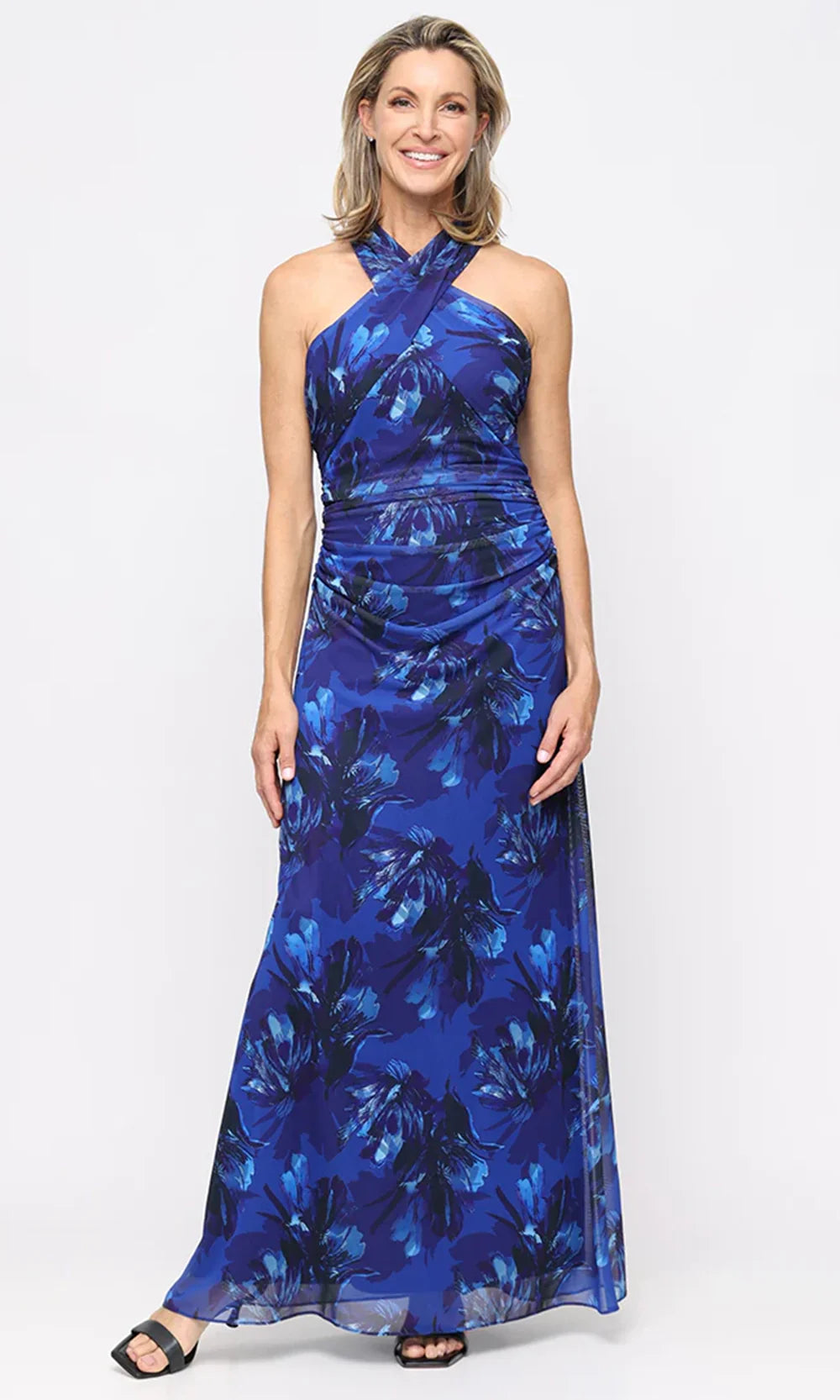 S.L. Fashions Dresses (SLNY) 9131113 - Ruched Waist Printed Halter Dress Mother of the Bride Dresses in Blue Multi