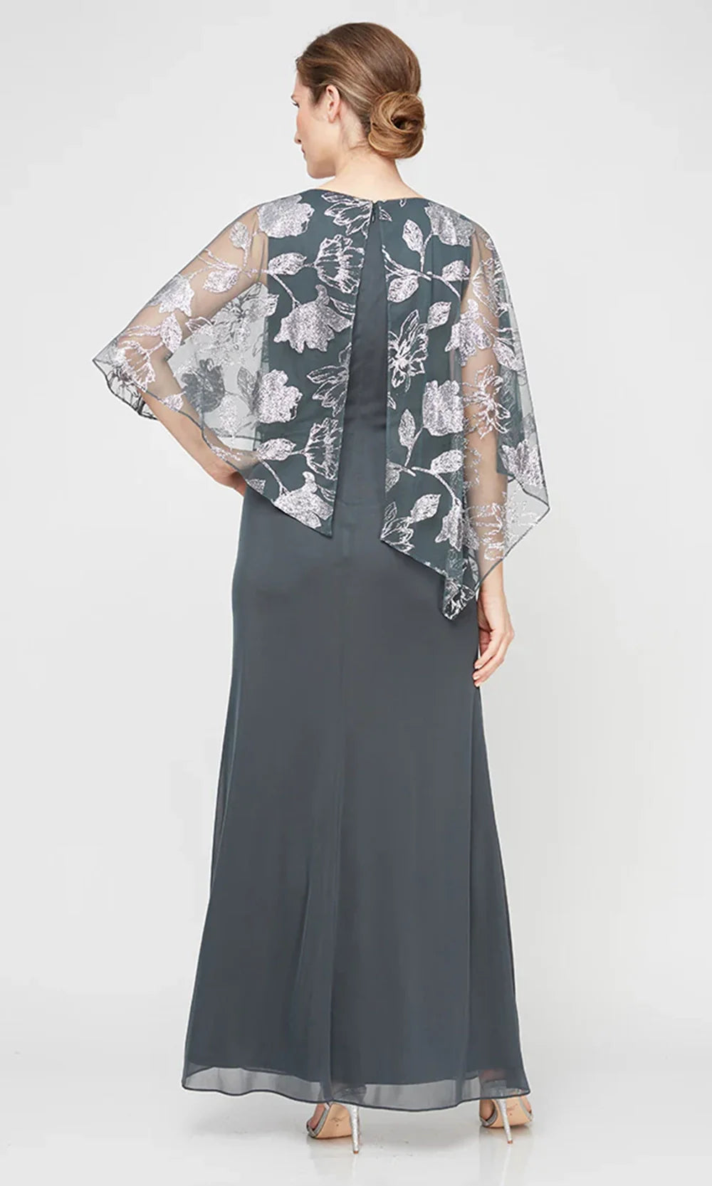 S.L. Fashions Dresses (SLNY) 9233232 - Floral Detail Long Column Dress Mother of the Bride Dresses in Gray and Silver