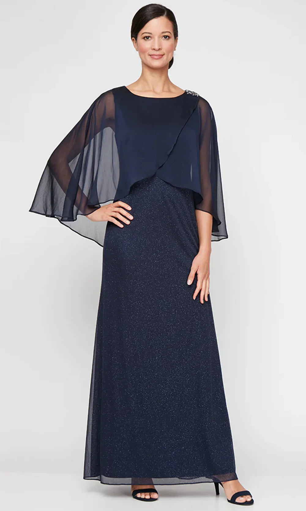 S.L. Fashions Dresses (SLNY) 9133256 - Glitter Tulip Overlay Long Dress Mother of the Bride Dresses in Navy 