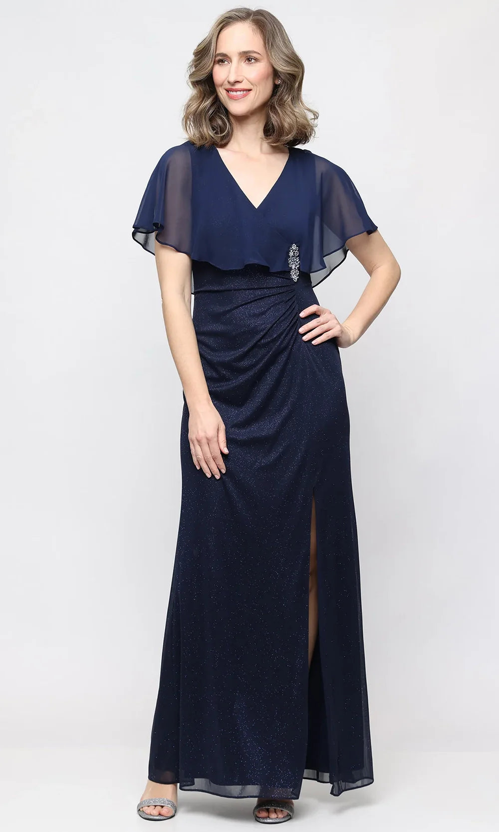 S.L. Fashions Dresses (SLNY) 9133289 - Surplice V-Neck Long Column Dress Mother Of The Bride Dresses in Navy and 