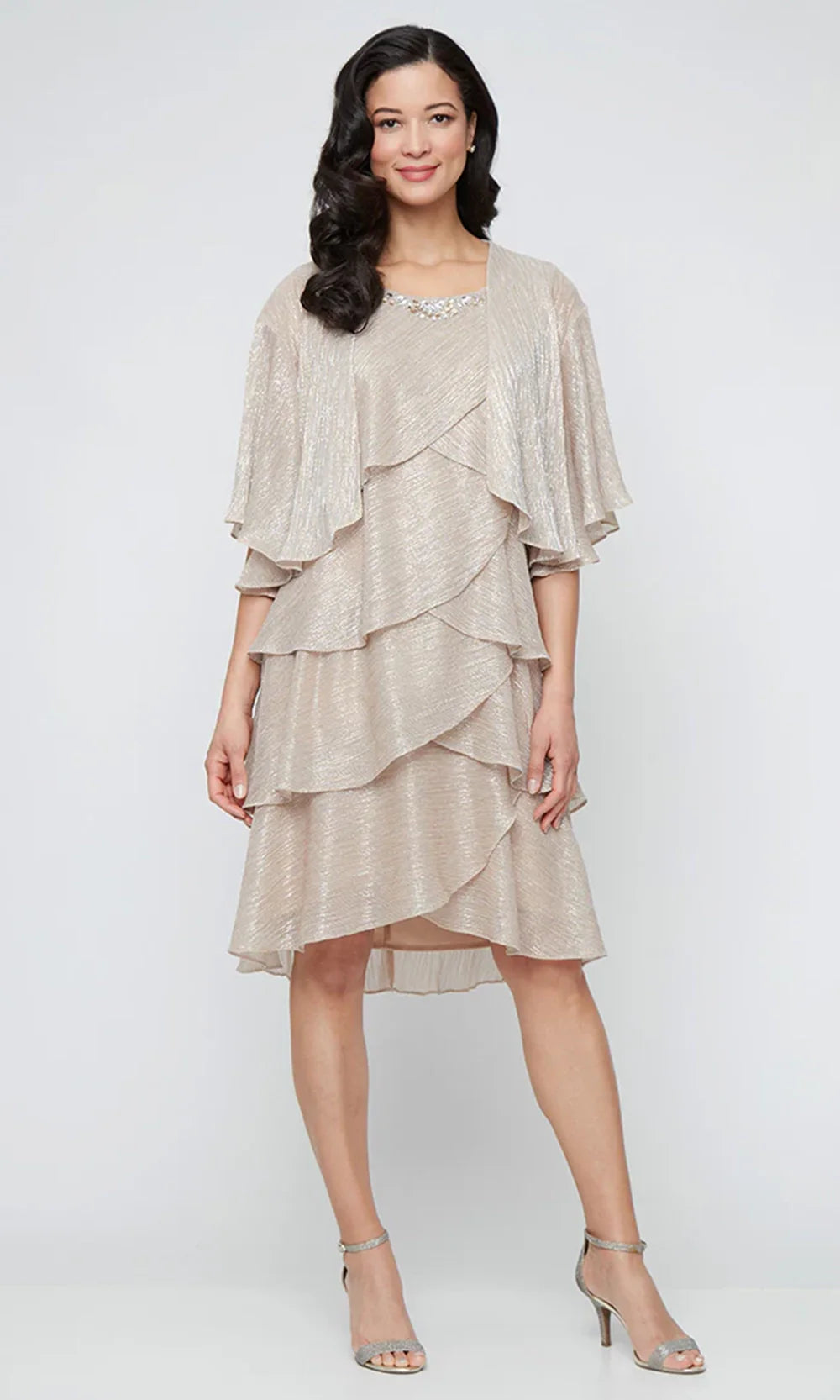Sl Fashions Petite Crewneck Embellished Tiered Jacket Dress - Gold
